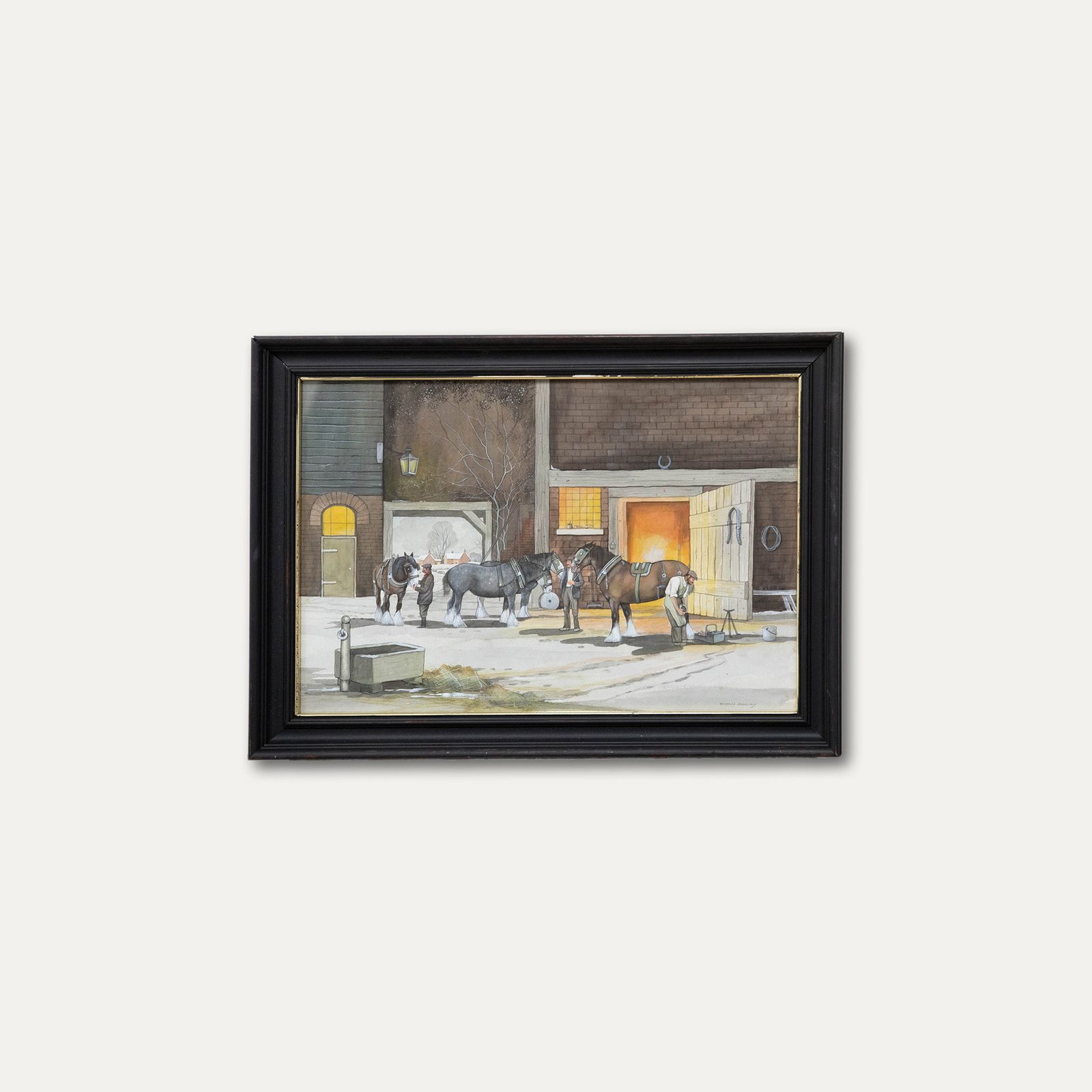 Bryan Conway Framed Contemporary Watercolour, Shire Horses Being Reshod photo buy