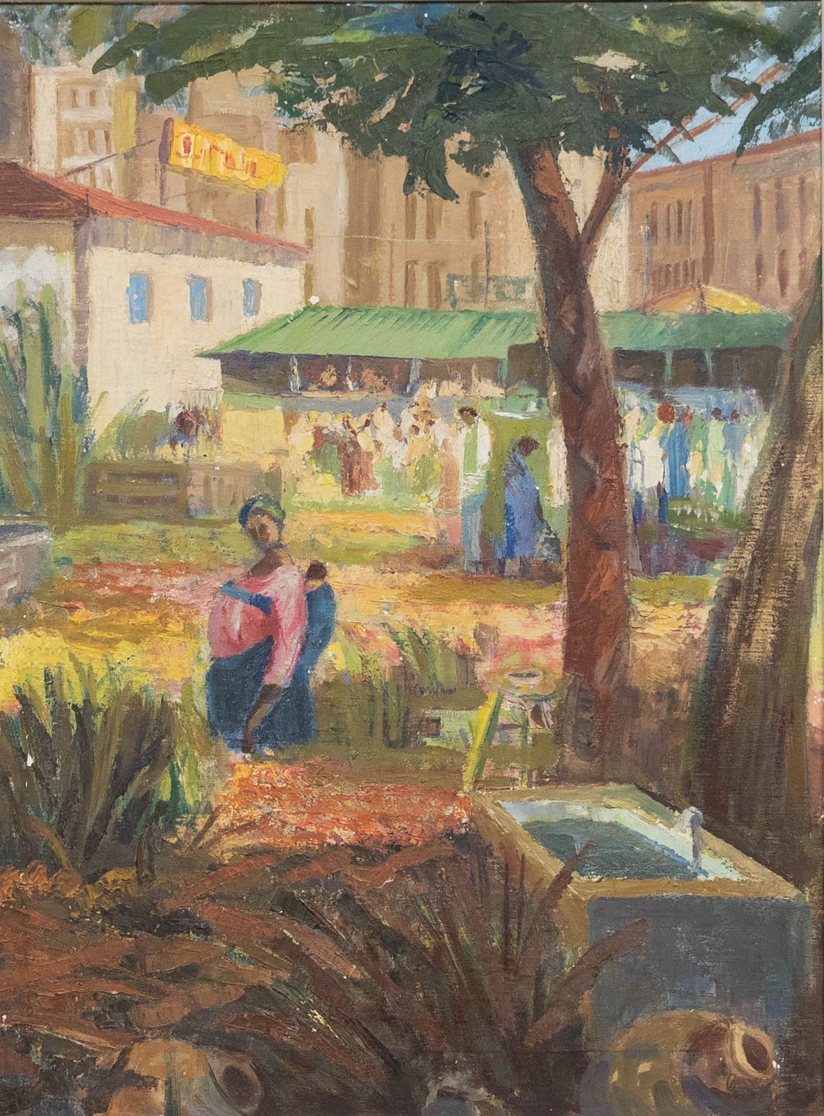 Framed 20th Century Oil City Market Scene photo furniture