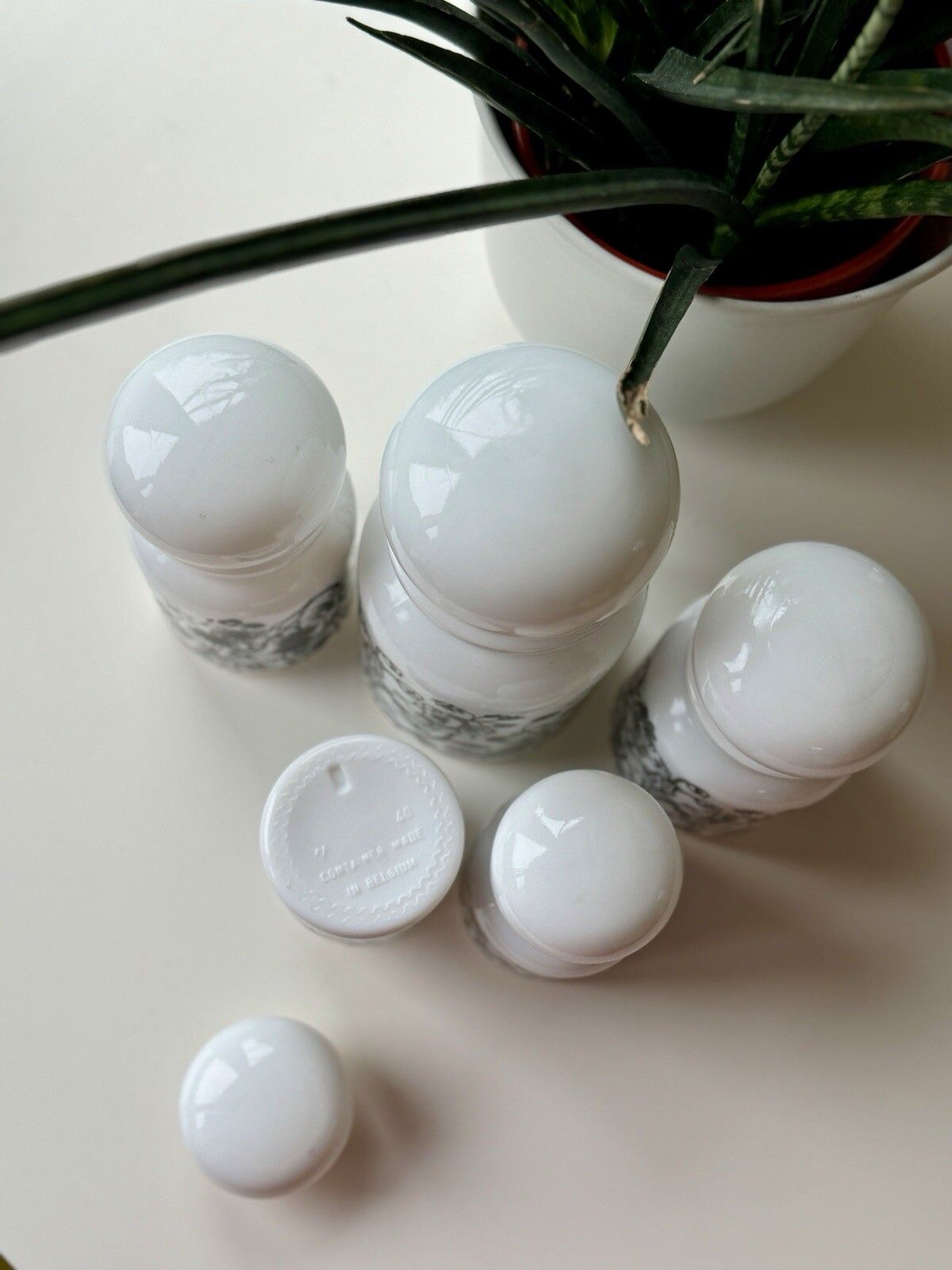 Set Of 5 1970s White Milk Glass Flower Design Bubble Lid Jars Made In Belgium photo for sale