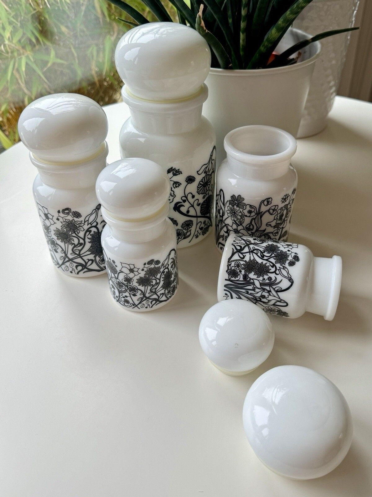 Set Of 5 1970s White Milk Glass Flower Design Bubble Lid Jars Made In Belgium photo Home Decor