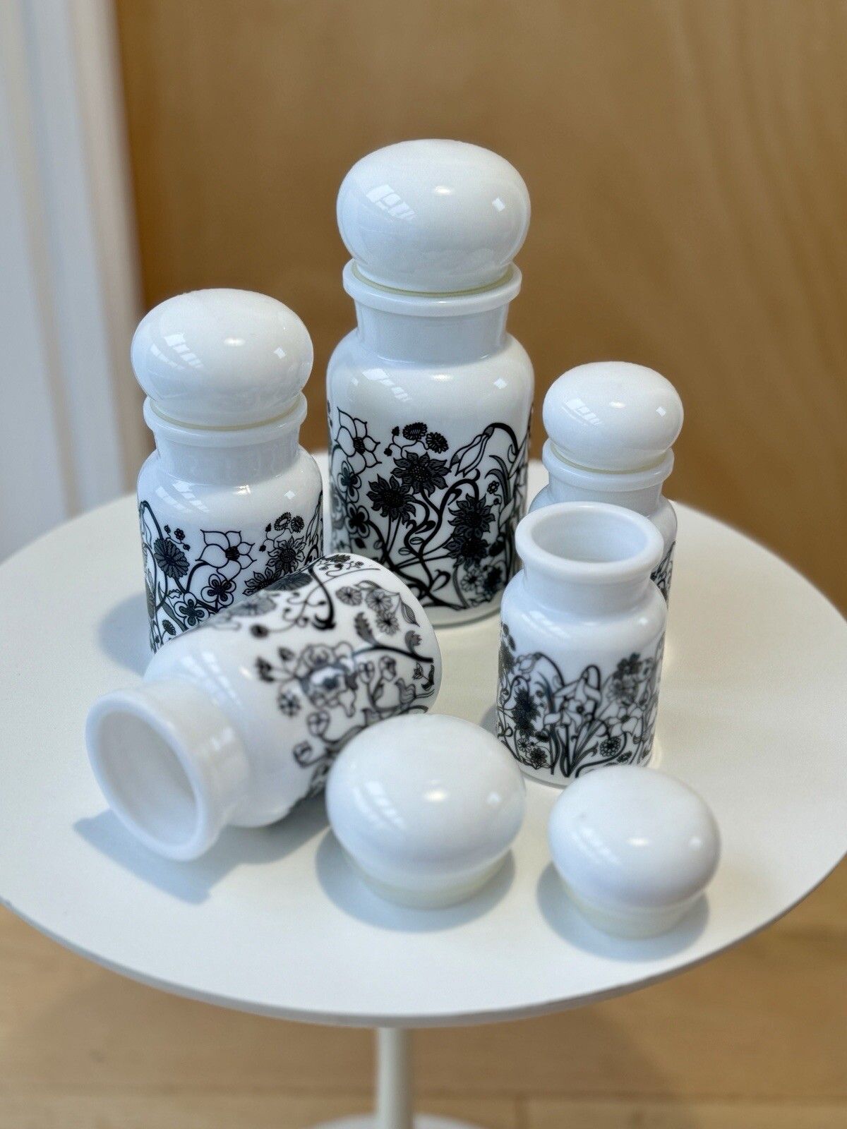60.0 Set Of 5 1970s White Milk Glass Flower Design Bubble Lid Jars Made In Belgium photo