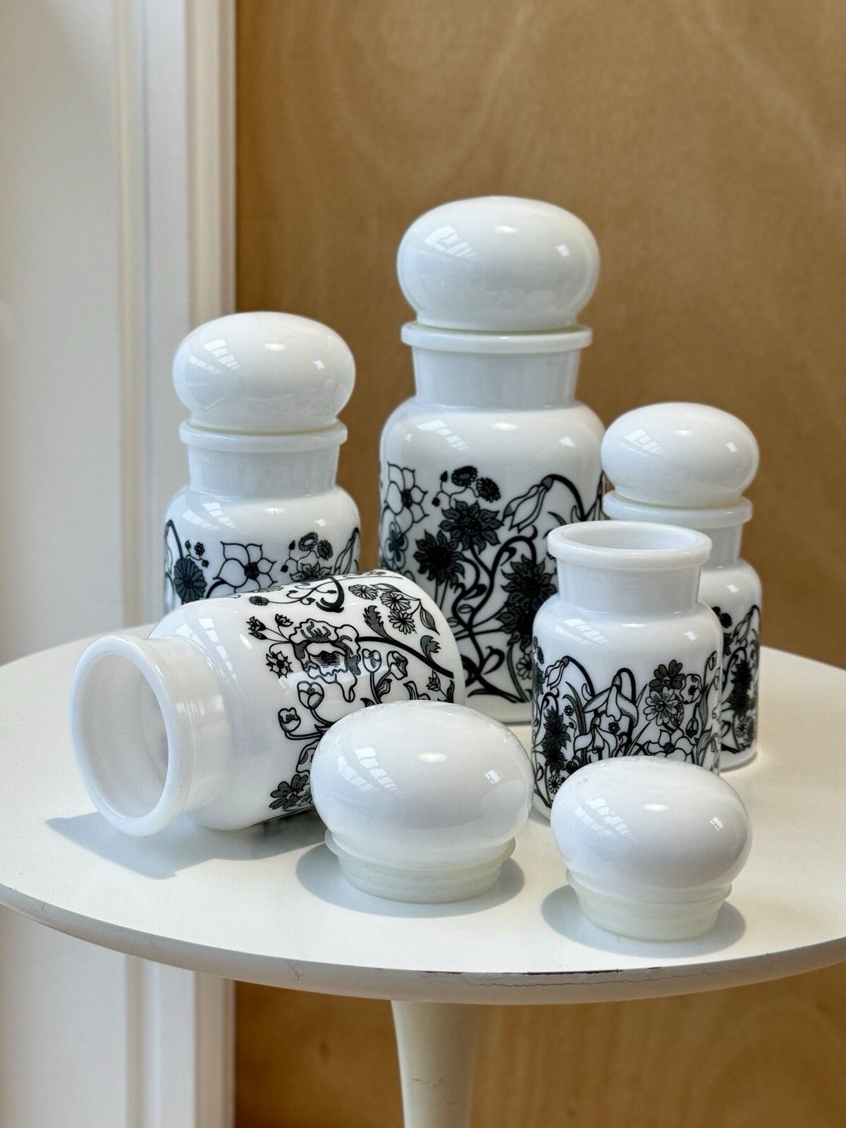 photo buy Set Of 5 1970s White Milk Glass Flower Design Bubble Lid Jars Made In Belgium