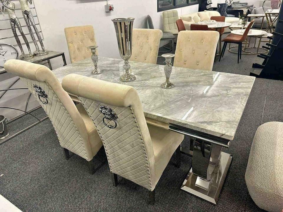 Marble Dining Table With Six Chairs & Four Chairs Available With Free Delivery ✅ photo vinterior