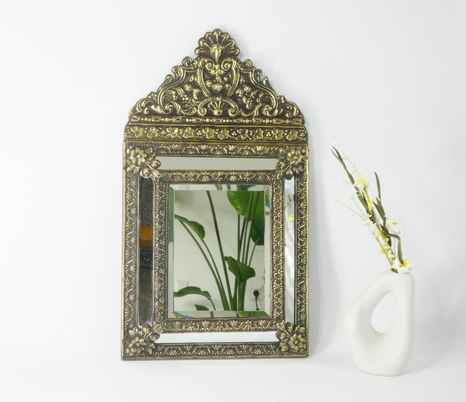 Large Hanging Dutch Copper Wall Mirror With Beveled Mirror, Unique Ornate Design, Wall Hanging