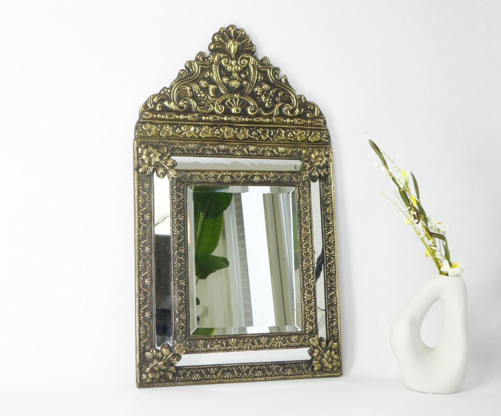 Large Hanging Dutch Copper Wall Mirror With Beveled Mirror, Unique Ornate Design, Wall Hanging photo furniture