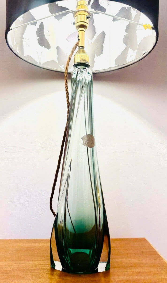 1950s Belgium Val St Lambert Green & Clear Crystal Glass Table Lamp photo for sale