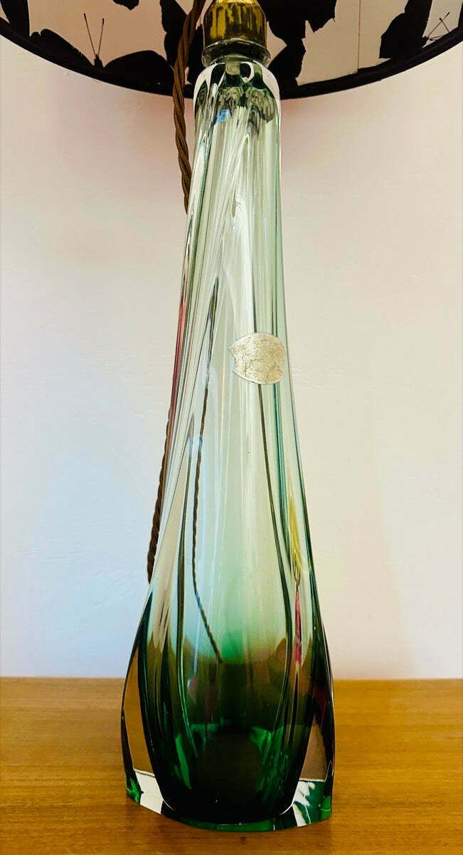 375.0 1950s Belgium Val St Lambert Green & Clear Crystal Glass Table Lamp photo