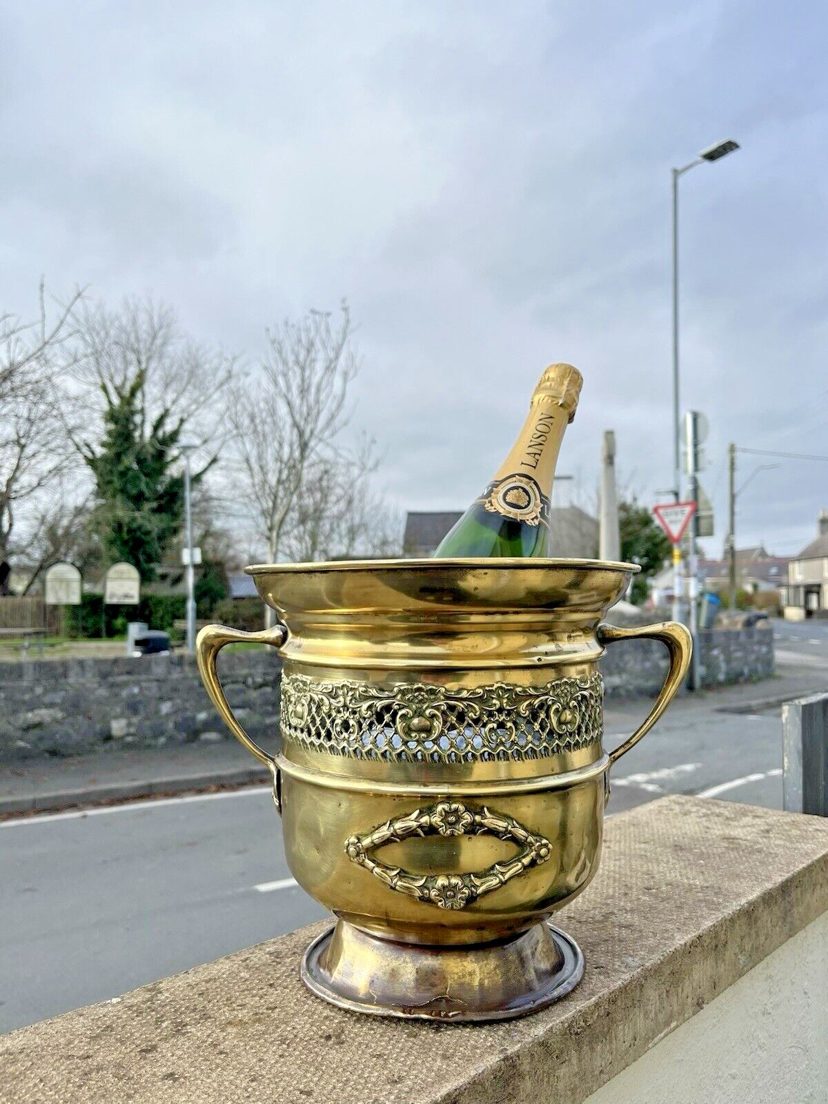 Antique C1880 Art Nouveau Rococo Regency Brass Champagne Pedestal Ice Bucket Af