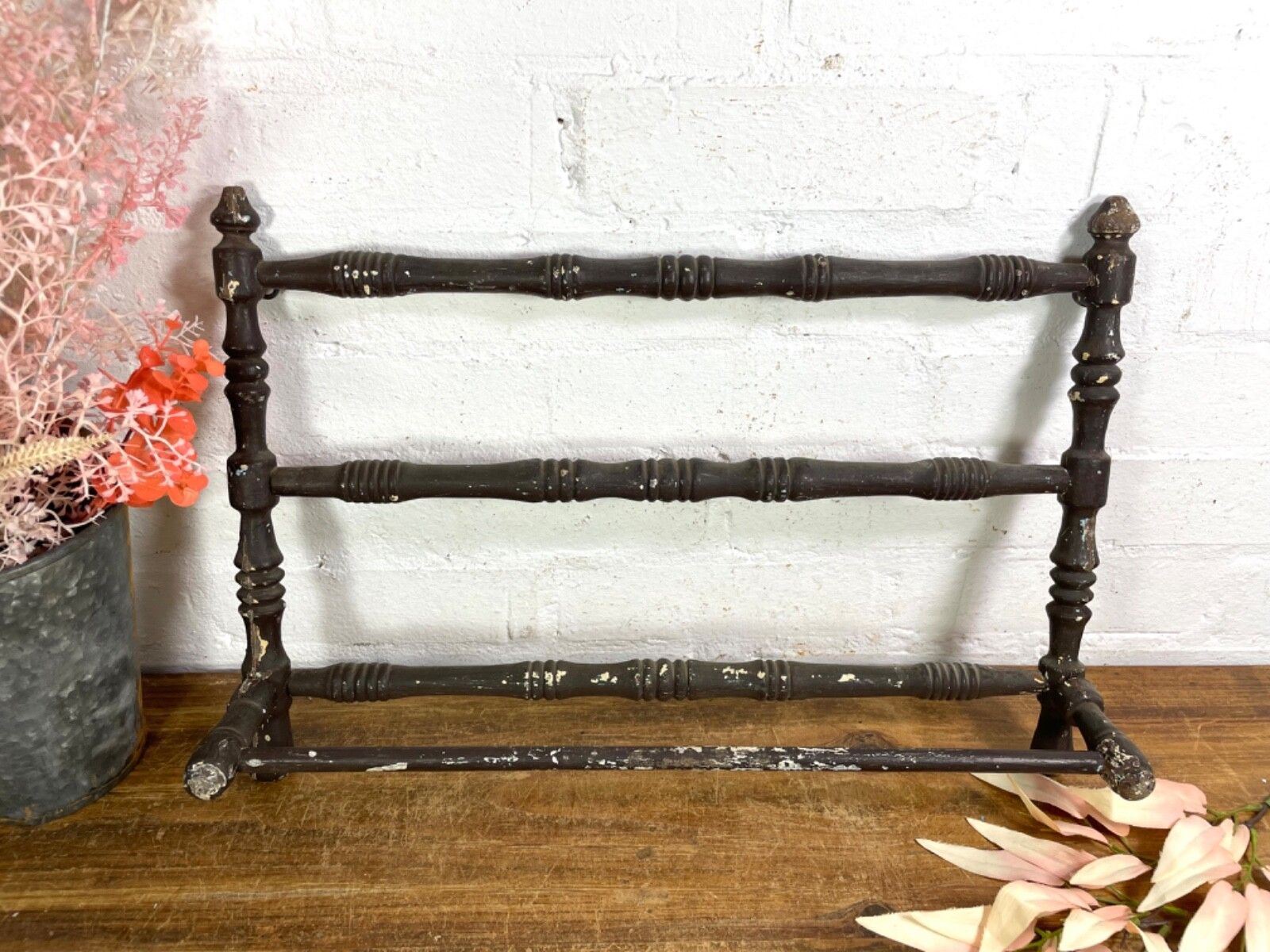 Antique French Wooden Turned Bobbin Bathroom Kitchen Towel Rail Holder photo furniture