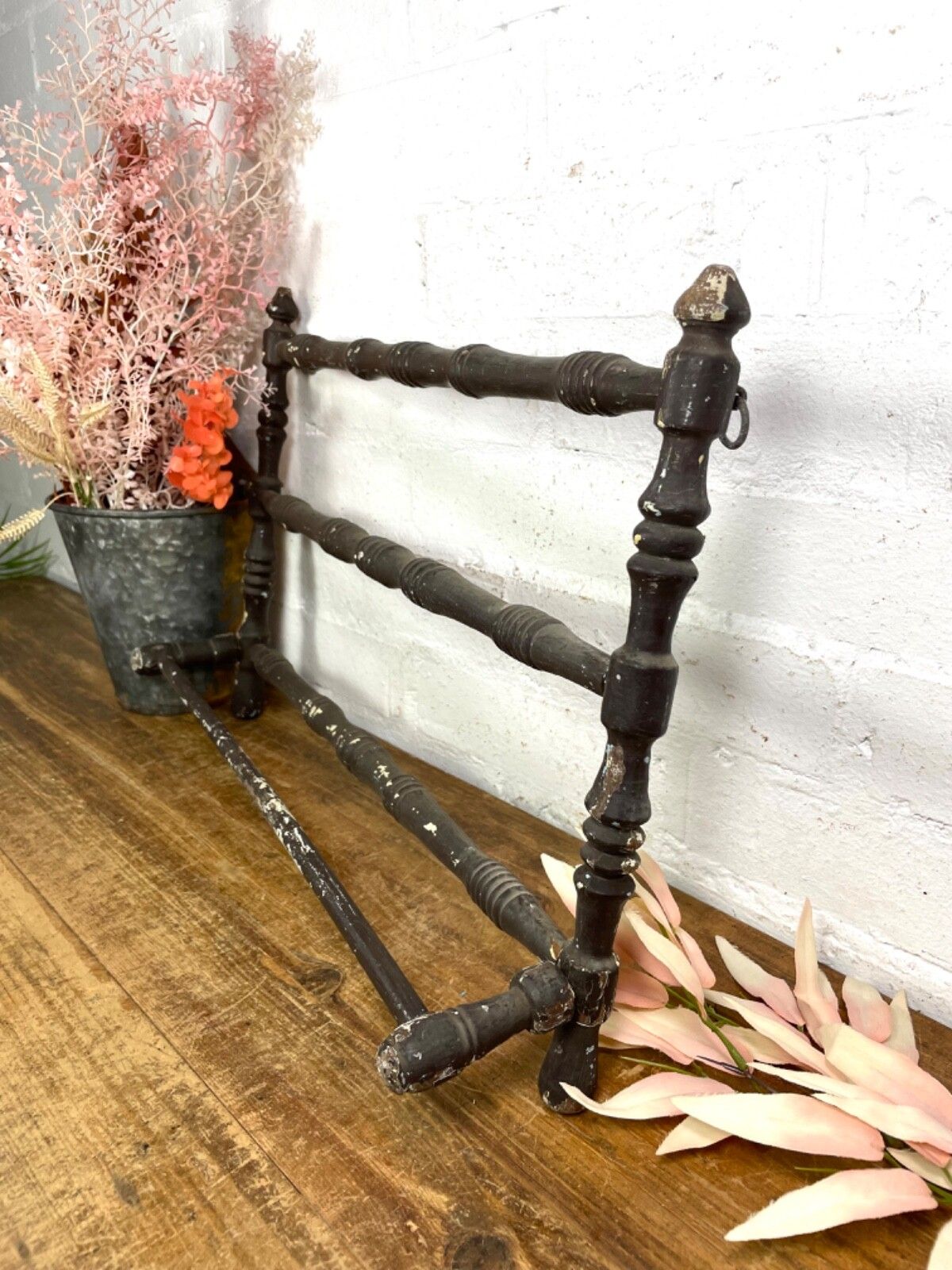 Antique French Wooden Turned Bobbin Bathroom Kitchen Towel Rail Holder photo Furniture