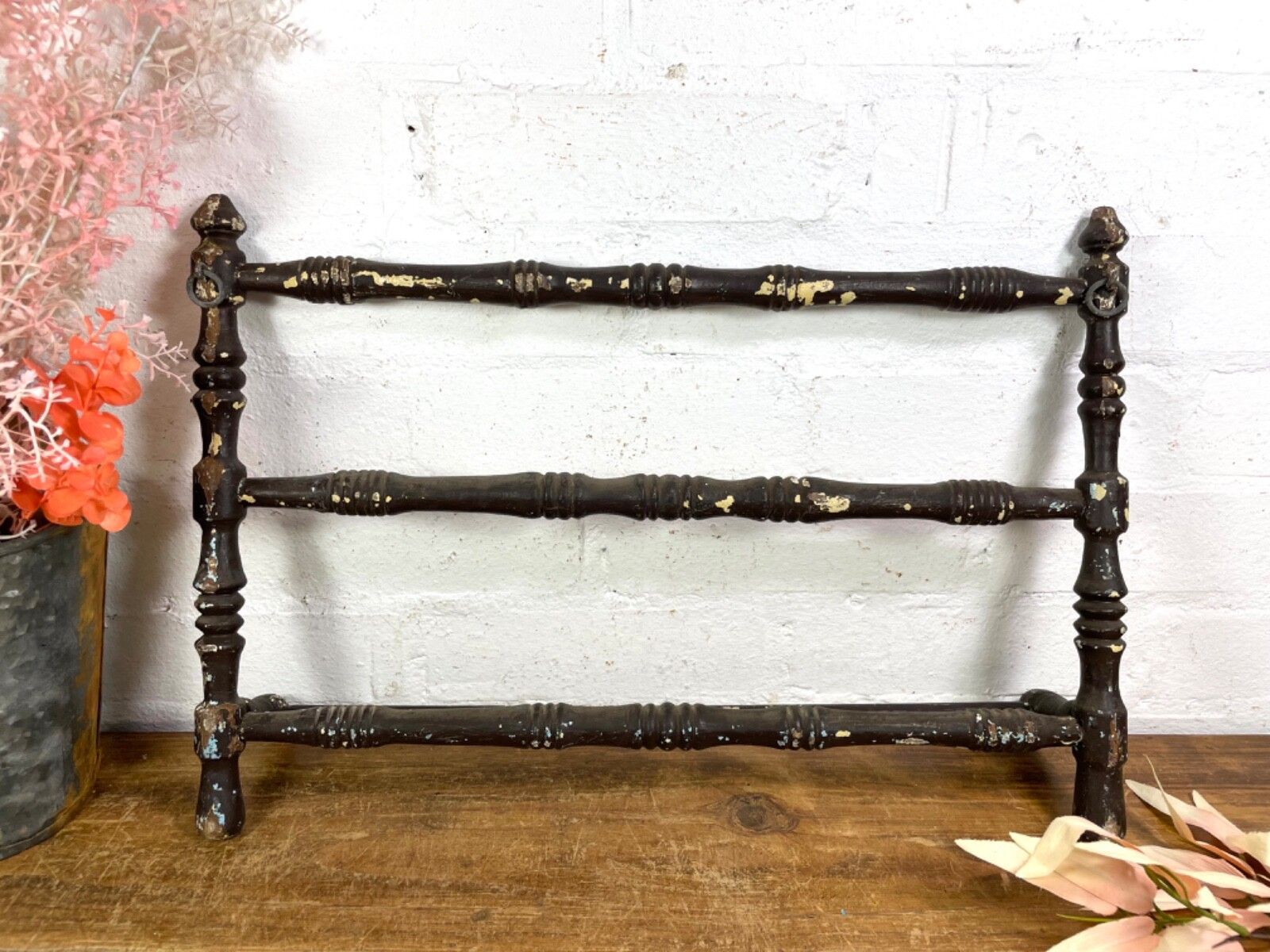 Antique French Wooden Turned Bobbin Bathroom Kitchen Towel Rail Holder photo 65.0