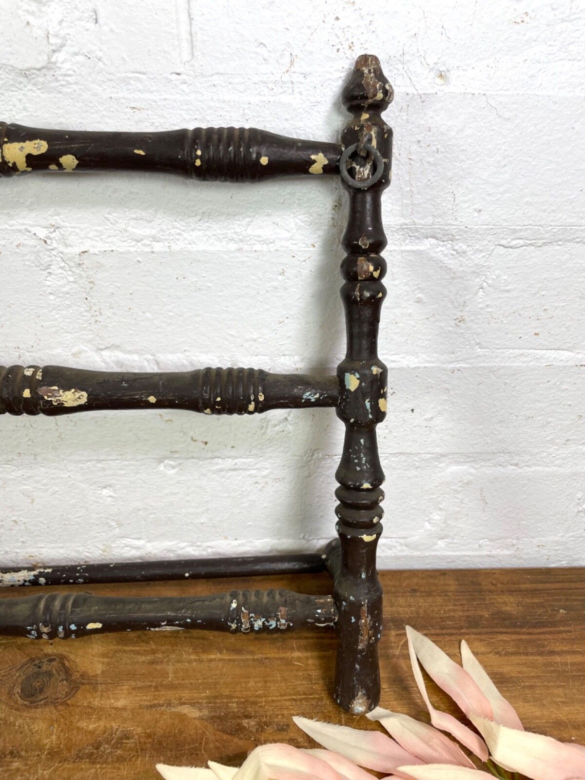 Antique French Wooden Turned Bobbin Bathroom Kitchen Towel Rail Holder photo vinterior
