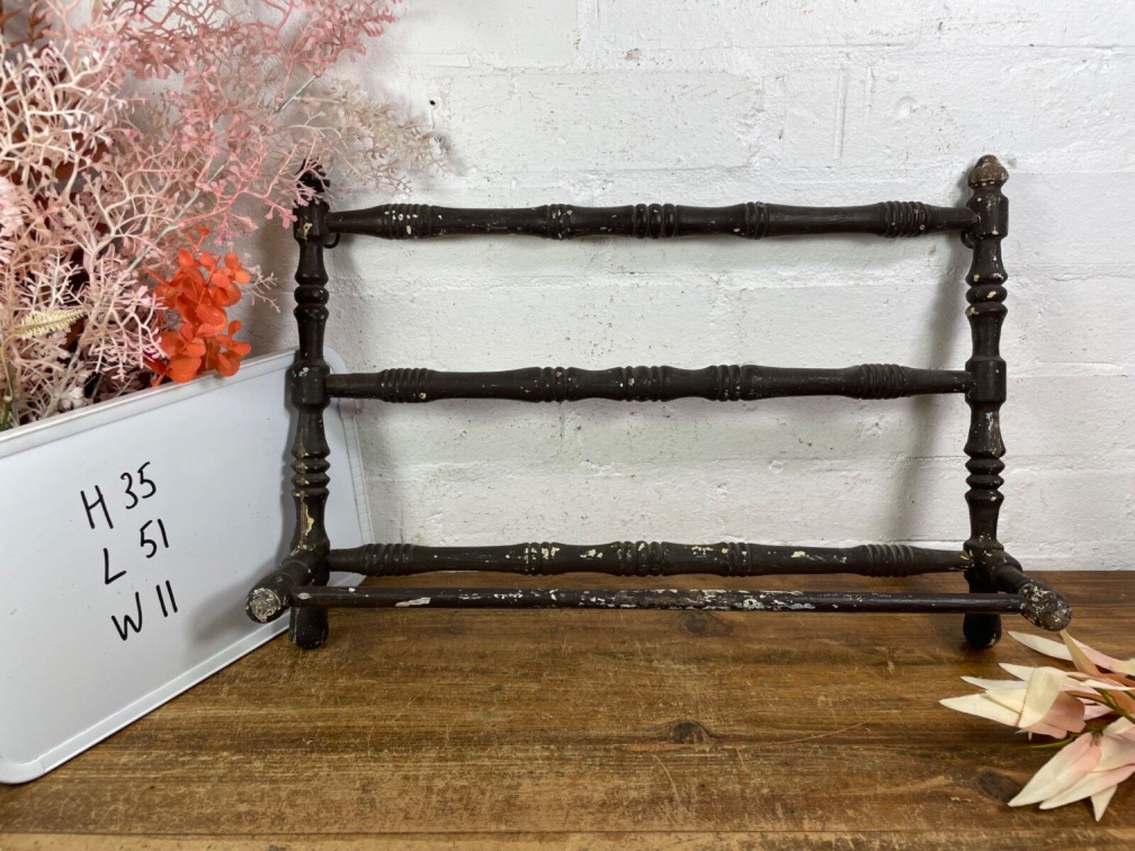 65.0 Antique French Wooden Turned Bobbin Bathroom Kitchen Towel Rail Holder photo