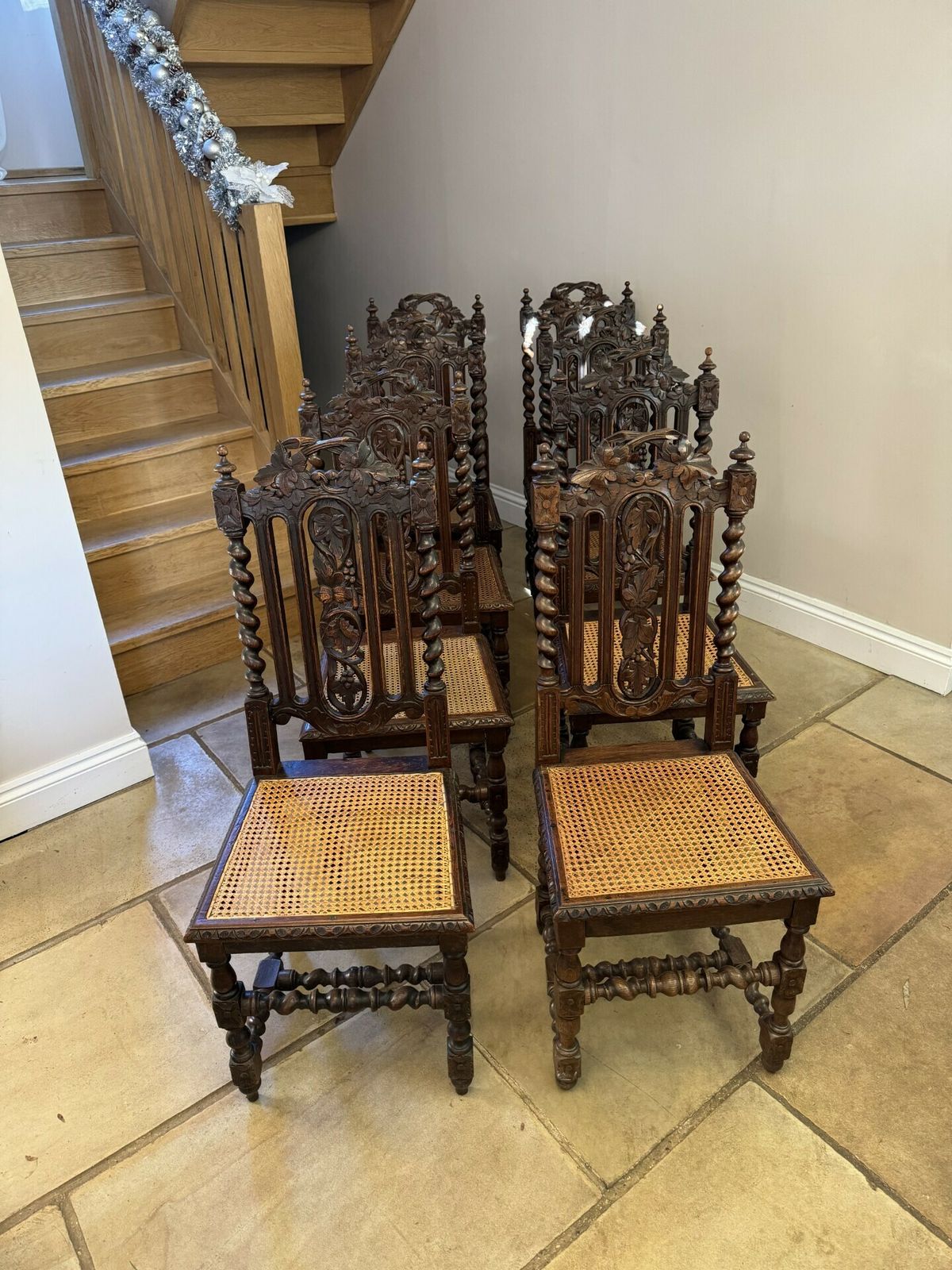 photo for sale Stylish Set Of Eight Antique Quality Carved Oak Dining Chairs