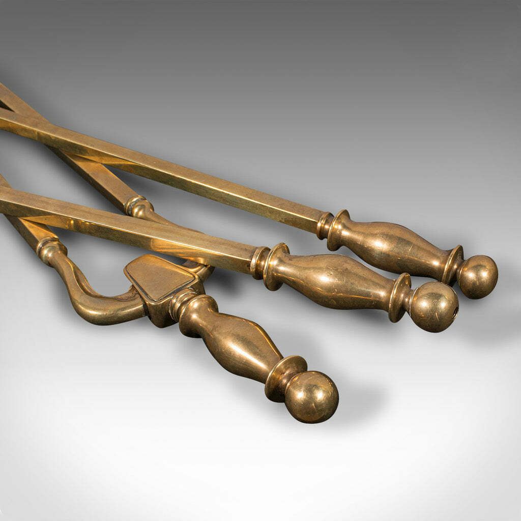 595.0 Set Of 3 Antique Fireside Tools, English, Brass, Coal Shovel, Poker, Victorian photo
