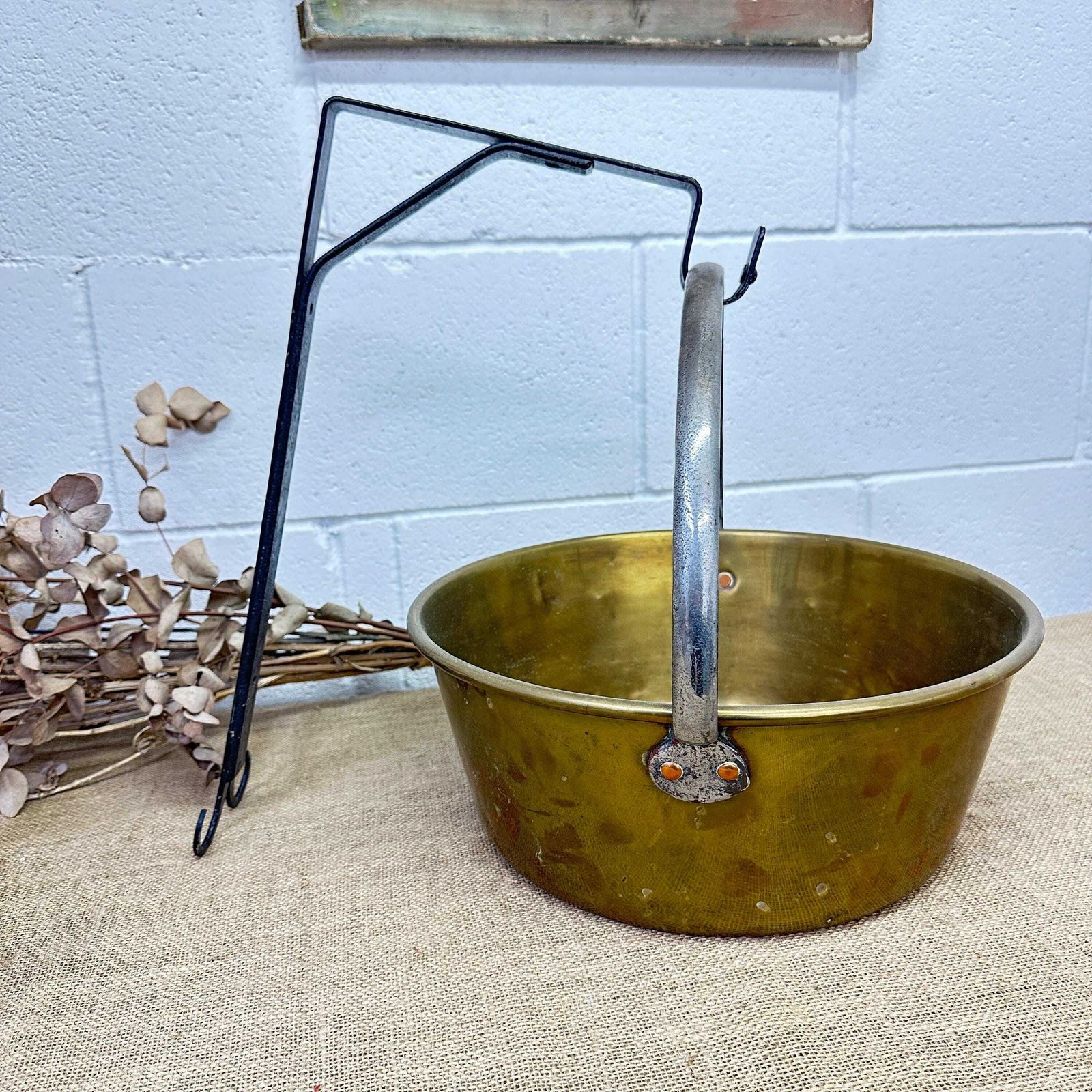 Antique Brass Jam Pan, Preserve Pot, Heavy Cooking Pot With Bracket photo furniture