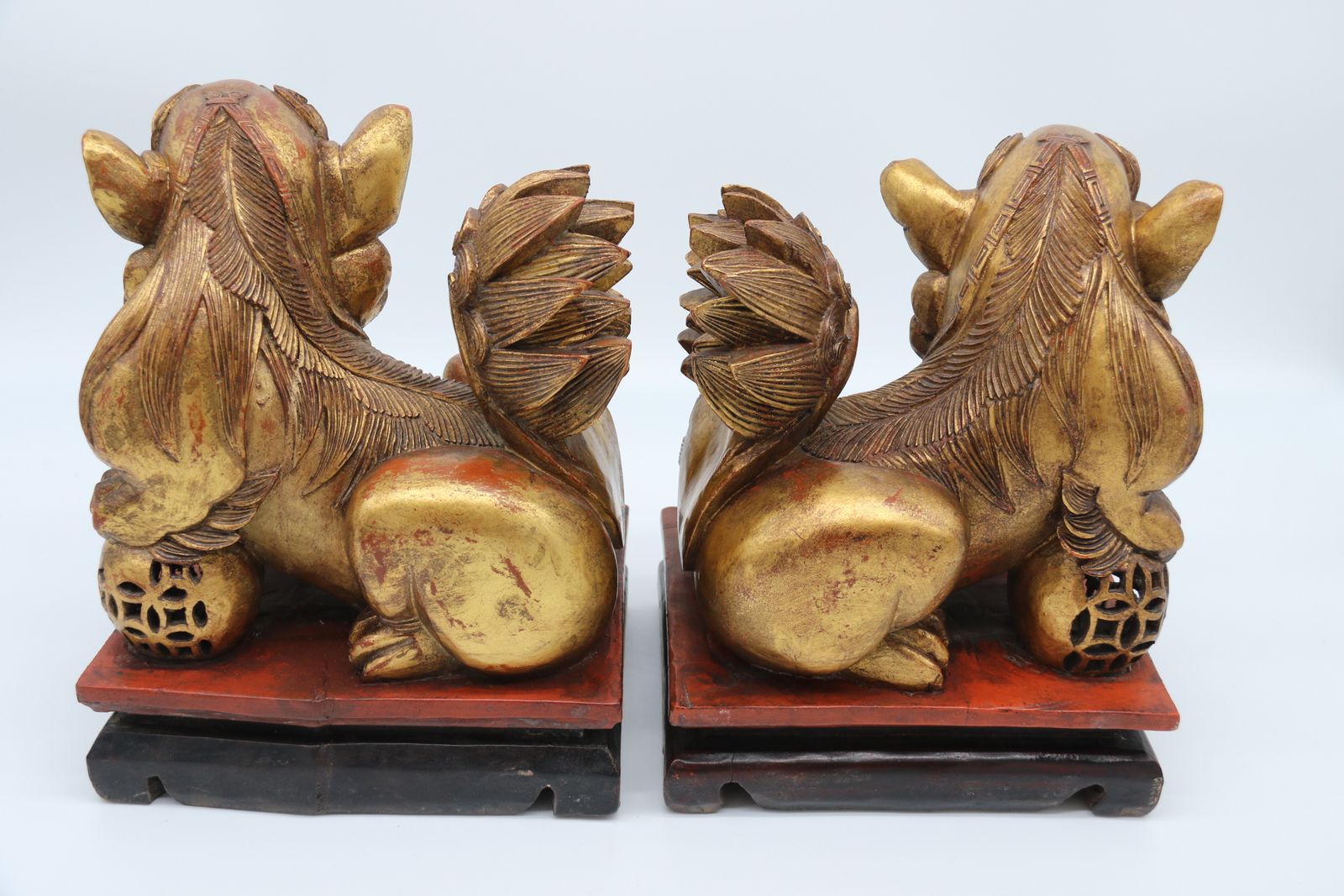 A Highly Decorative Pair Of Carved Gilt Wood And Lacquer Chinese Buddhist Lions Circa 1900 photo vintage