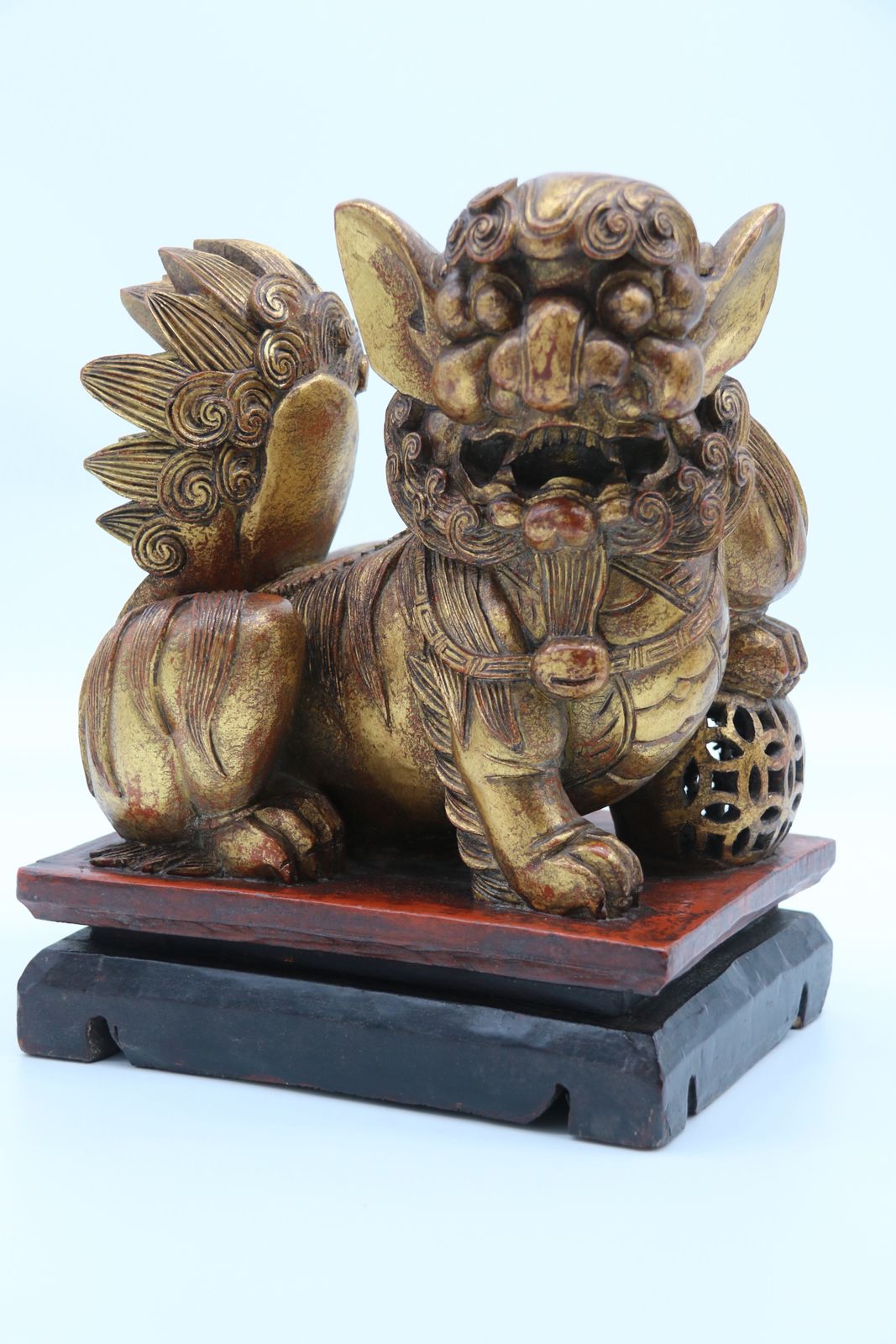 photo for sale A Highly Decorative Pair Of Carved Gilt Wood And Lacquer Chinese Buddhist Lions Circa 1900