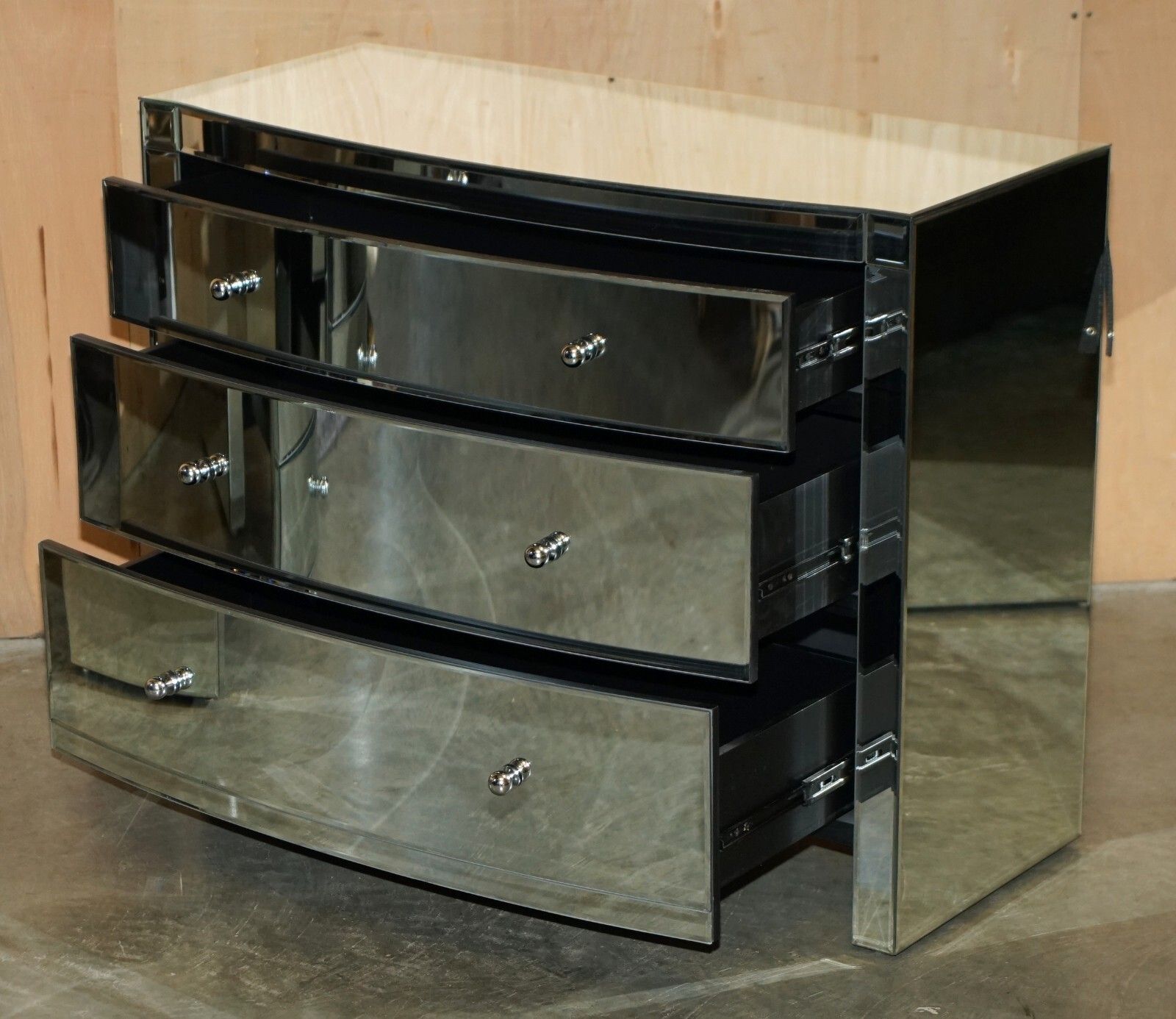 Furniture Suite Of Bow Fronted Mirrored Glass Chest Of Drawers With Pair Of Side Tables photo