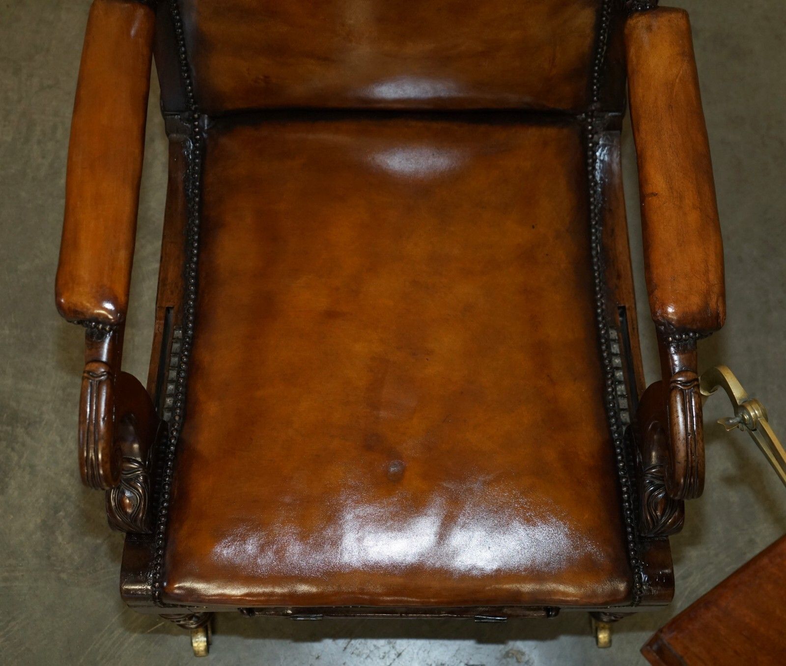 Original Antique Robert Daws Rosewood Brown Leather Reclining Library Armchair photo vinterior
