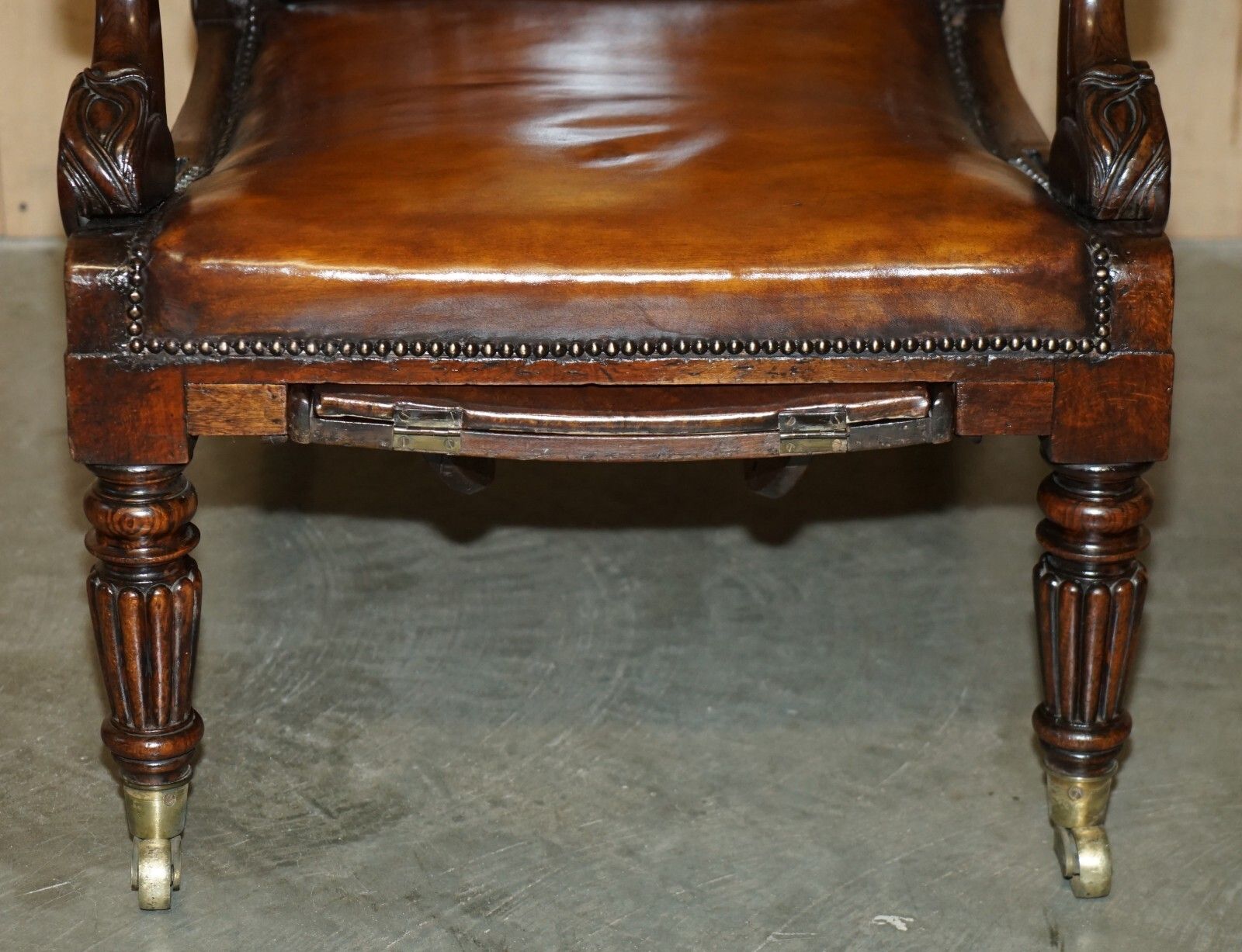 photo furniture Original Antique Robert Daws Rosewood Brown Leather Reclining Library Armchair