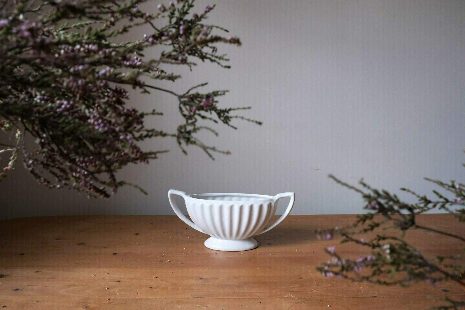 Vintage Dartmouth Pale Grey Mantle Vase Planter, Ribbed With Twin Handles