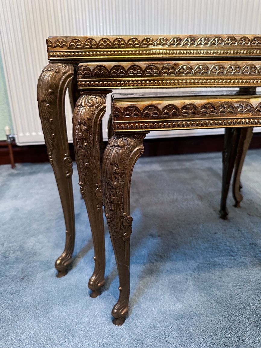 photo for sale Three Nested Louis XV Style In Green Yellow Onyx With Brass French Legs