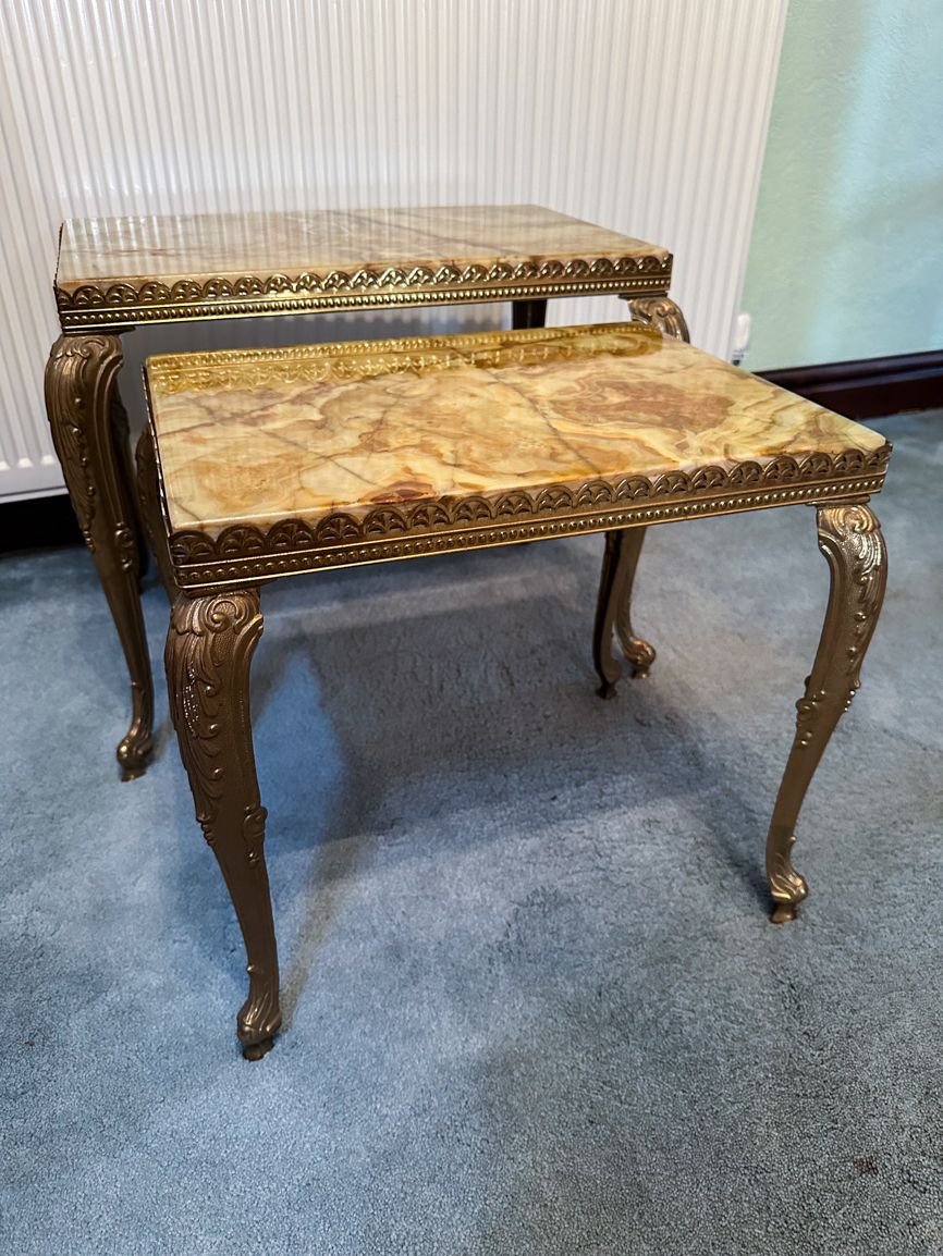 Furniture Three Nested Louis XV Style In Green Yellow Onyx With Brass French Legs photo