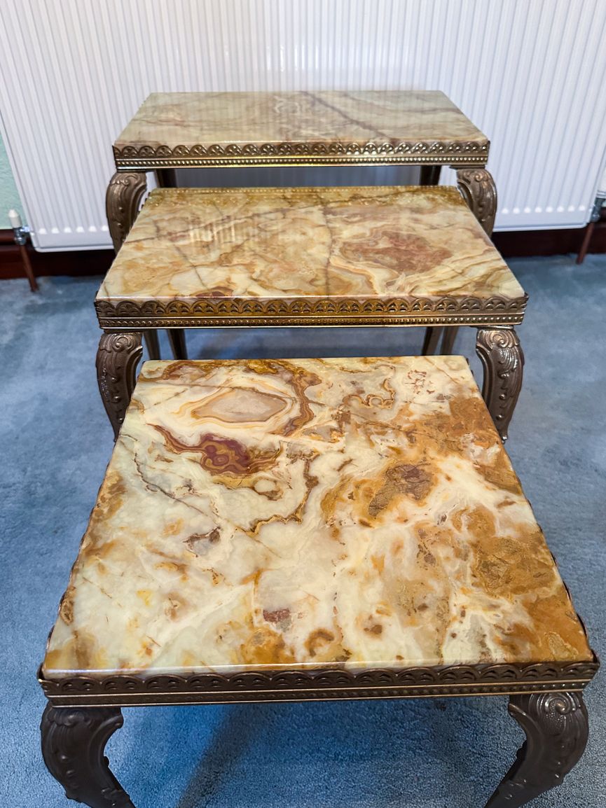 Three Nested Louis XV Style In Green Yellow Onyx With Brass French Legs photo for sale