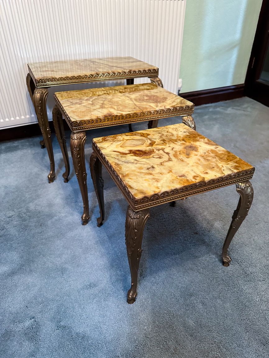 Three Nested Louis XV Style In Green Yellow Onyx With Brass French Legs photo Furniture