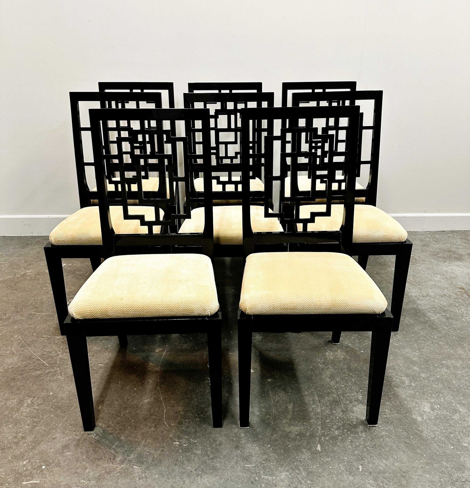 Set Of 8 Jean Claude Mahey Black Lacquered Dining Chairs For Roche Bobois, 1980s. France