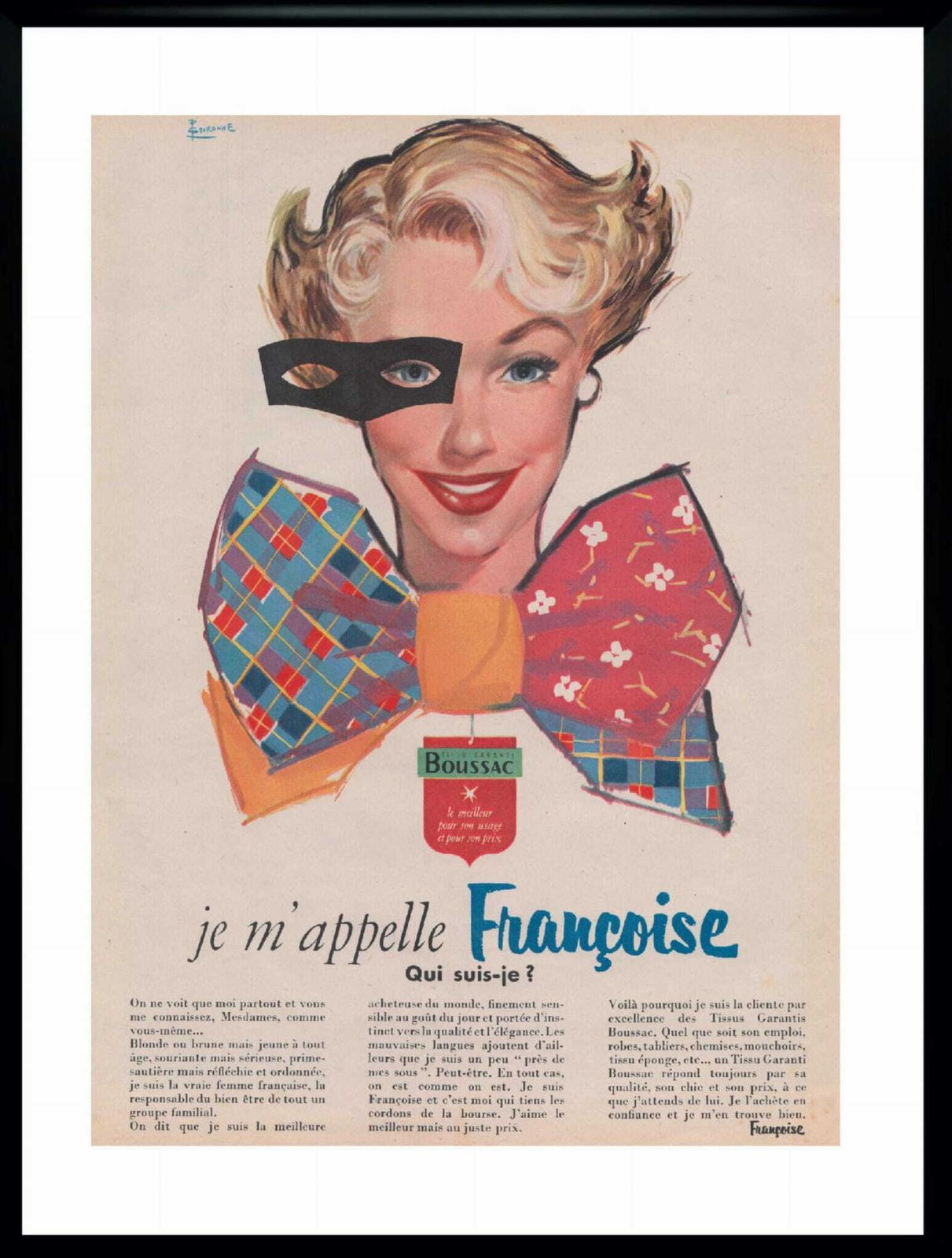 Framed French Advertisement For Boussac, Designed By Pierre Couronne, 1954
