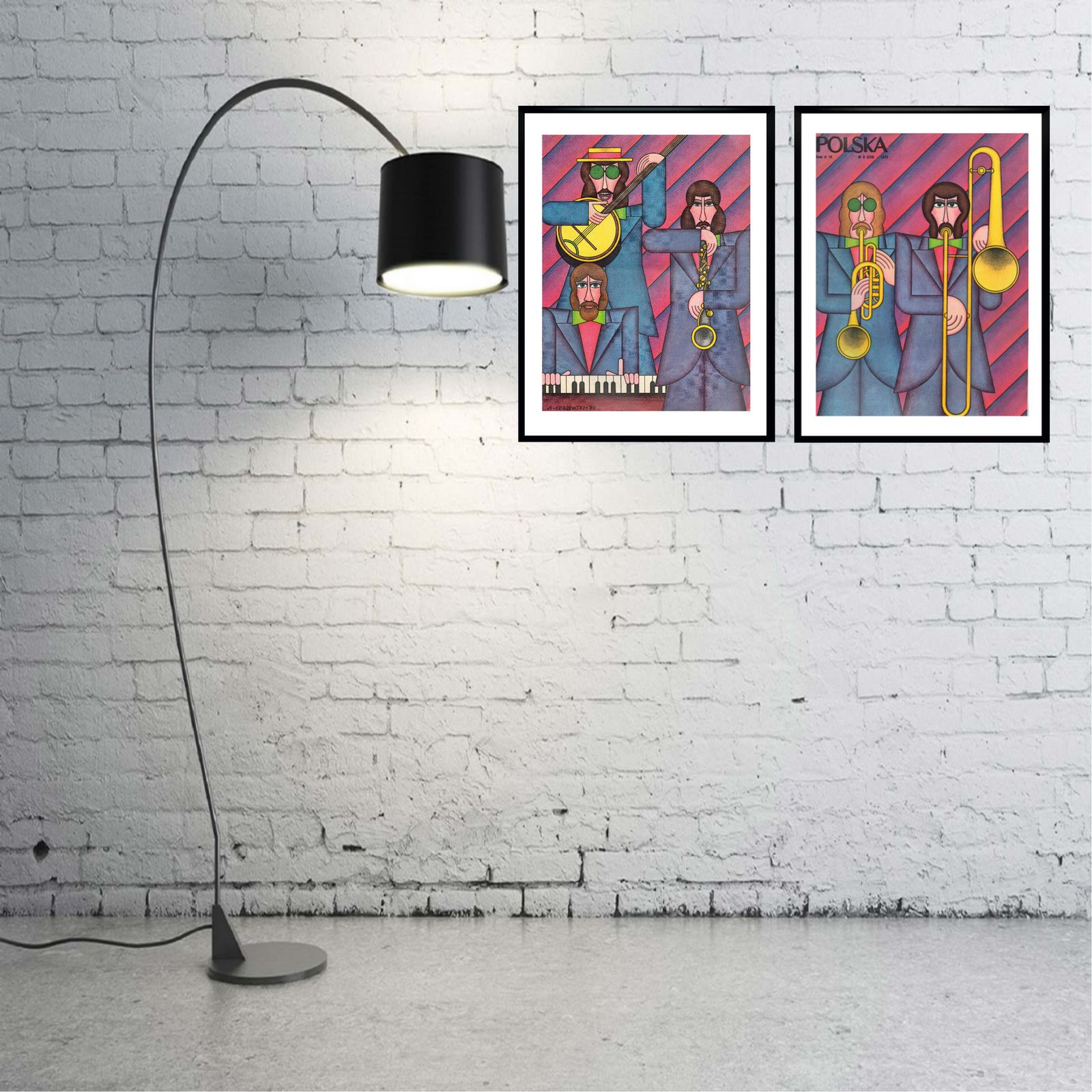 Two Framed Covers Of Polska Magazine, "Muzykanci", Author. Andrzej Krajewski 1973 photo furniture