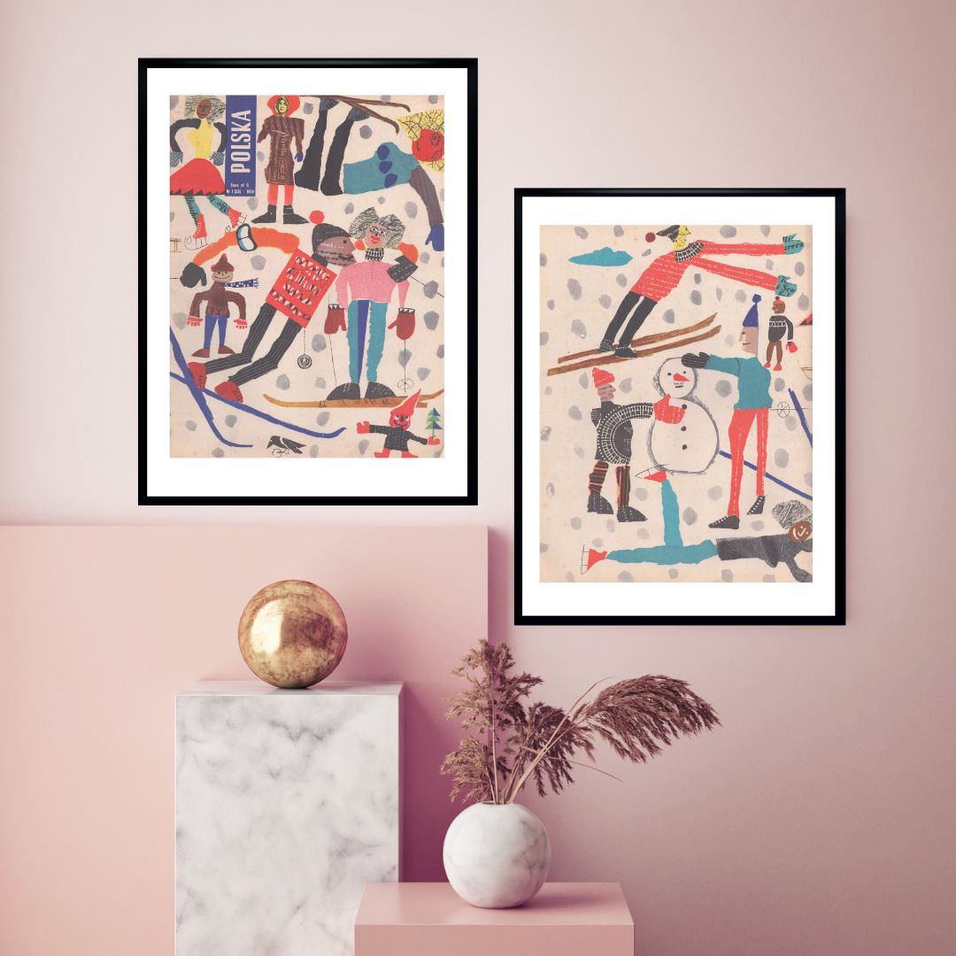 Two Framed Covers Of Polska Magazine, "Zima", Author. Marian Stachurski 1959 photo furniture