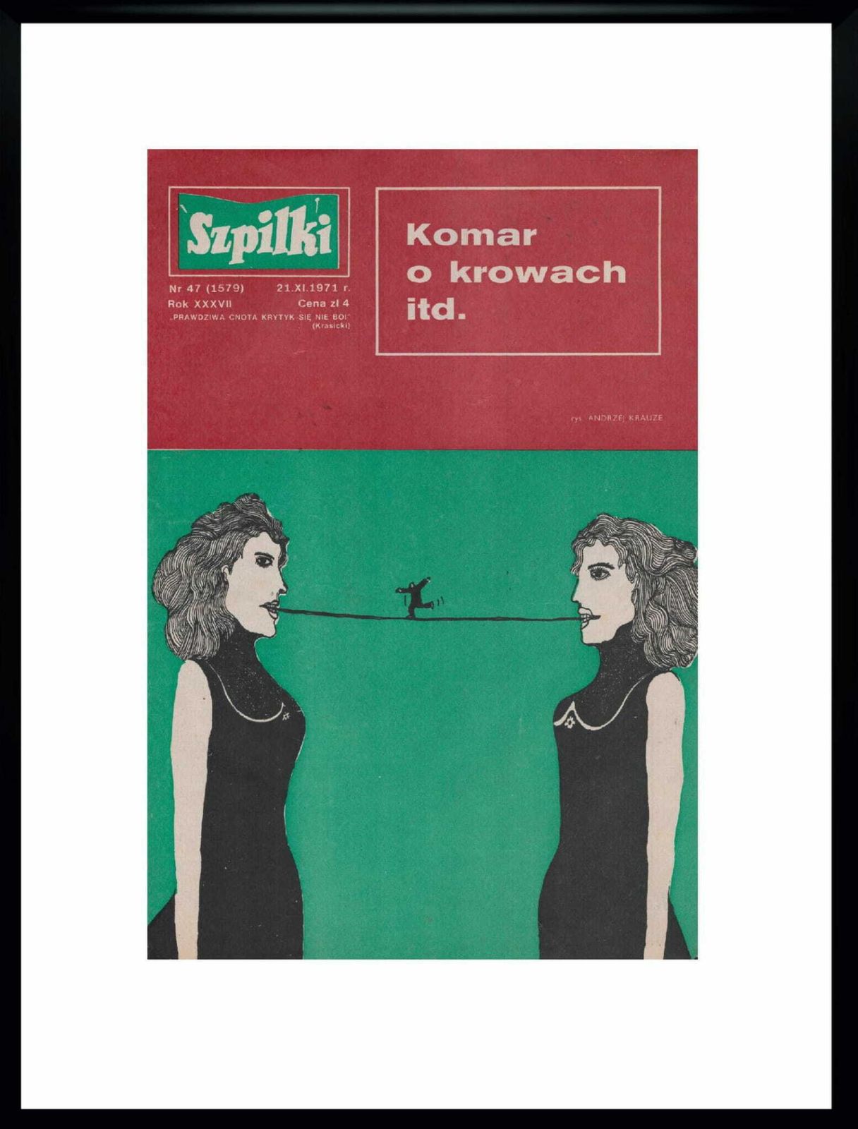 Framed Cover Of The Szpilki Magazine "Komar O Krowach" By Andrzej Krauze, 1971