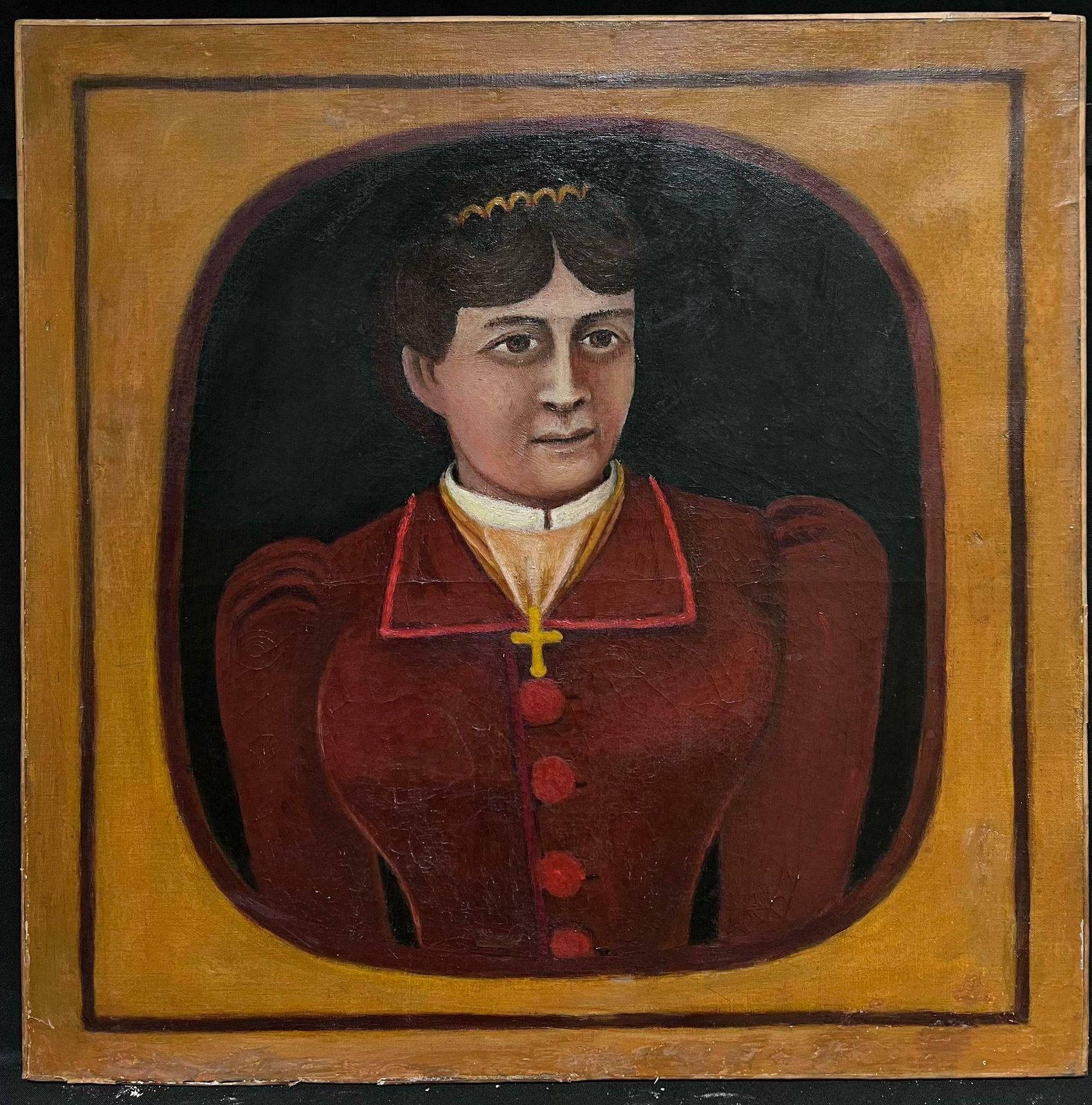 19th Century French Naive Portrait Of Lady Large Oil Painting On Canvas photo furniture