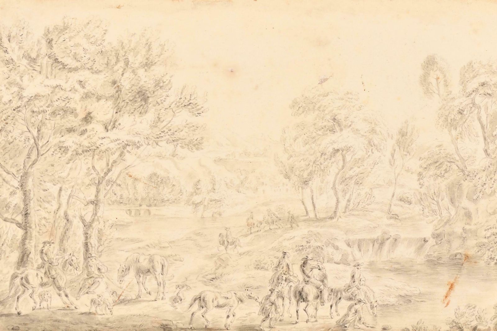 Fine 17th Century Dutch Old Master Watercolor Drawing Hunting Party Landscape17th Century