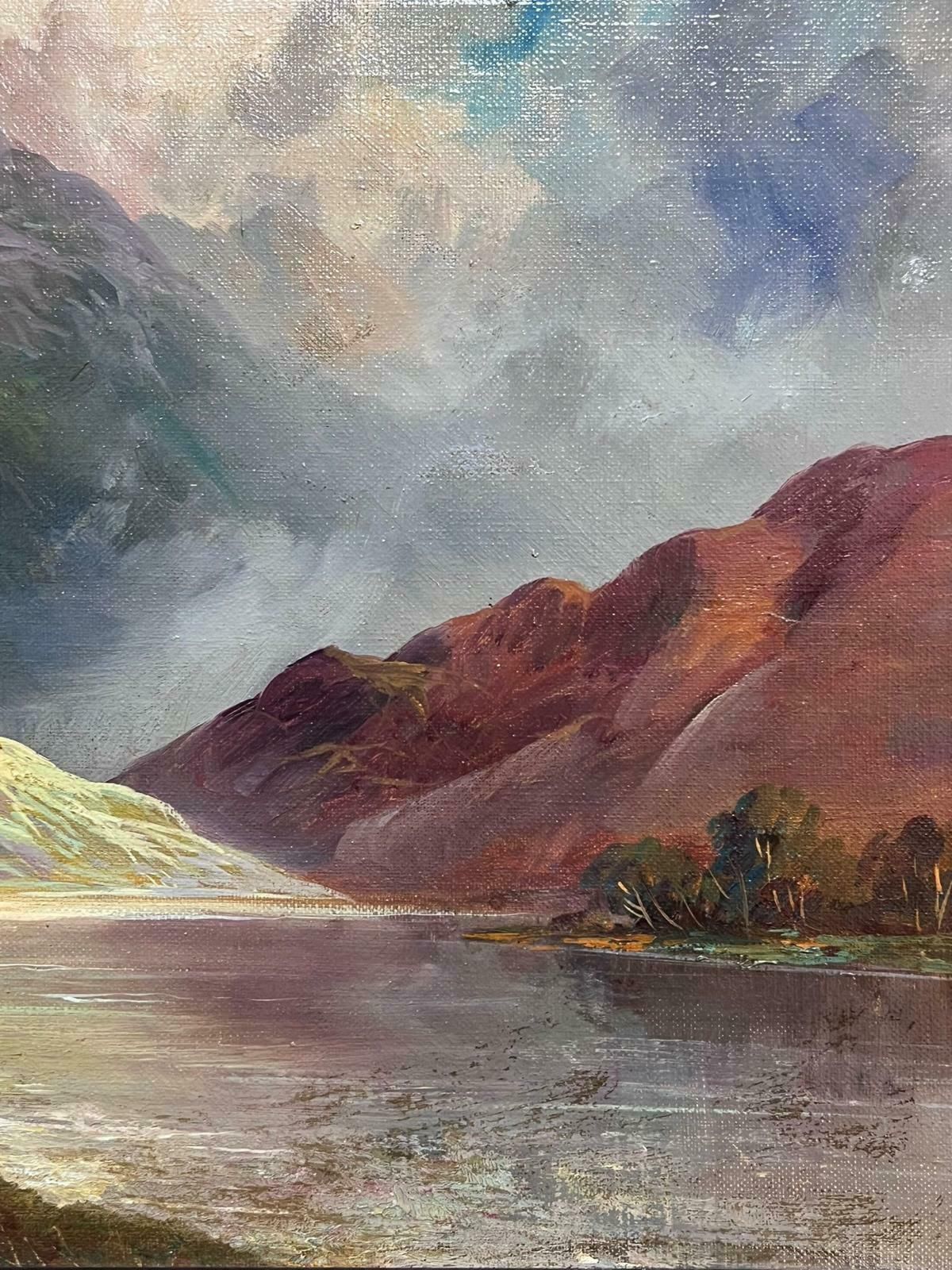 F. E. Jamiesonantique Scottish Highland Landscape Signed Oil Painting Loch In Mountains photo for sale