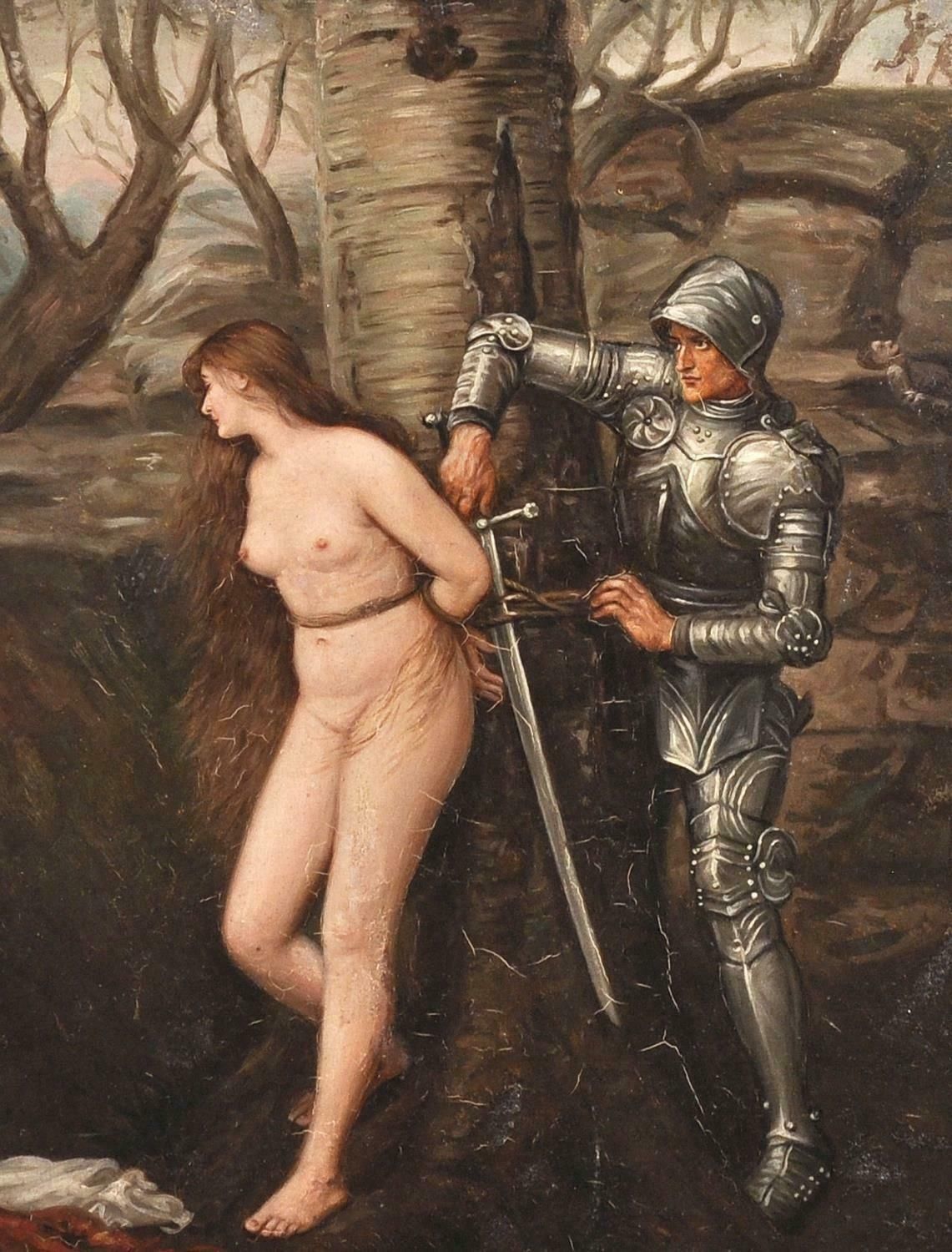Antique English Oil Painting 'The Knight Errant' Pre Raphaelite Nude & Knightc. 1900's