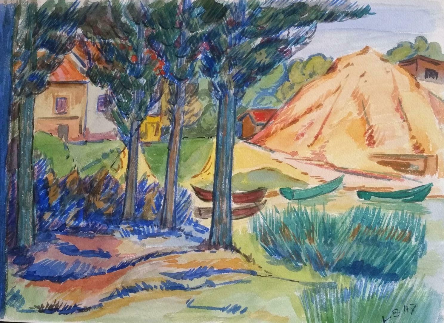 Louis Bellonprovence Rowboats Landscape Post Impressionist Signed 1947 Paintingc. 1947