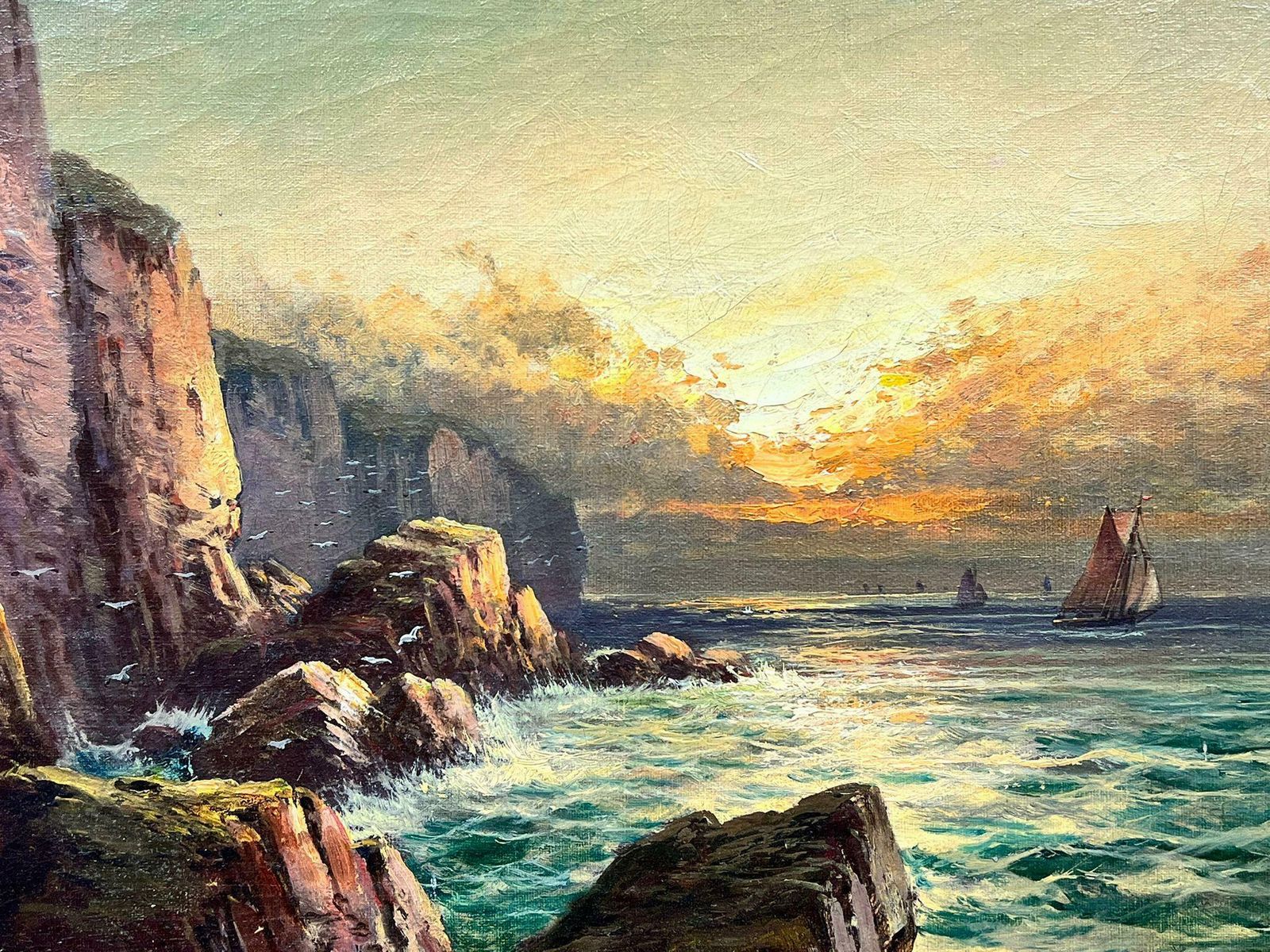 Frank Hiderfine Antique British Oil Painting Fishing Boats Heading Out To Sea Sunrise Sky1900 photo for sale