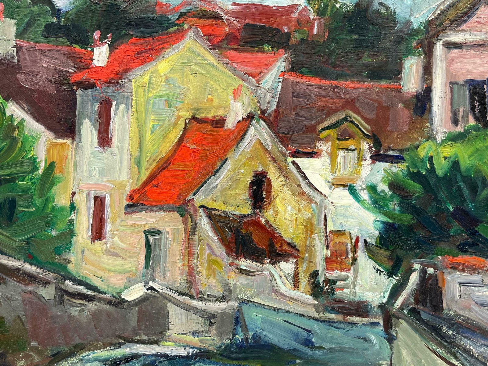 French Fauvist1950's French Fauvist Signed Oil Red Roof Tops Pink Houses Scenec. 1950's photo Art