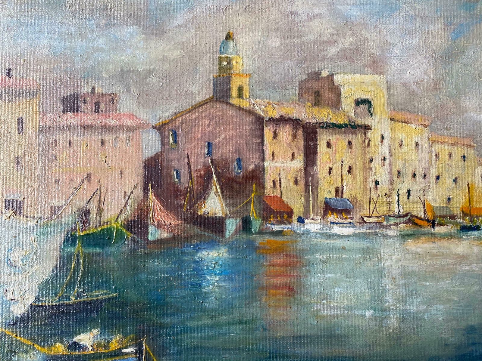 Unknownvintage French Oil Loading The Boats In Mediterranean Sleepy Harbour Townc. 1970's photo for sale