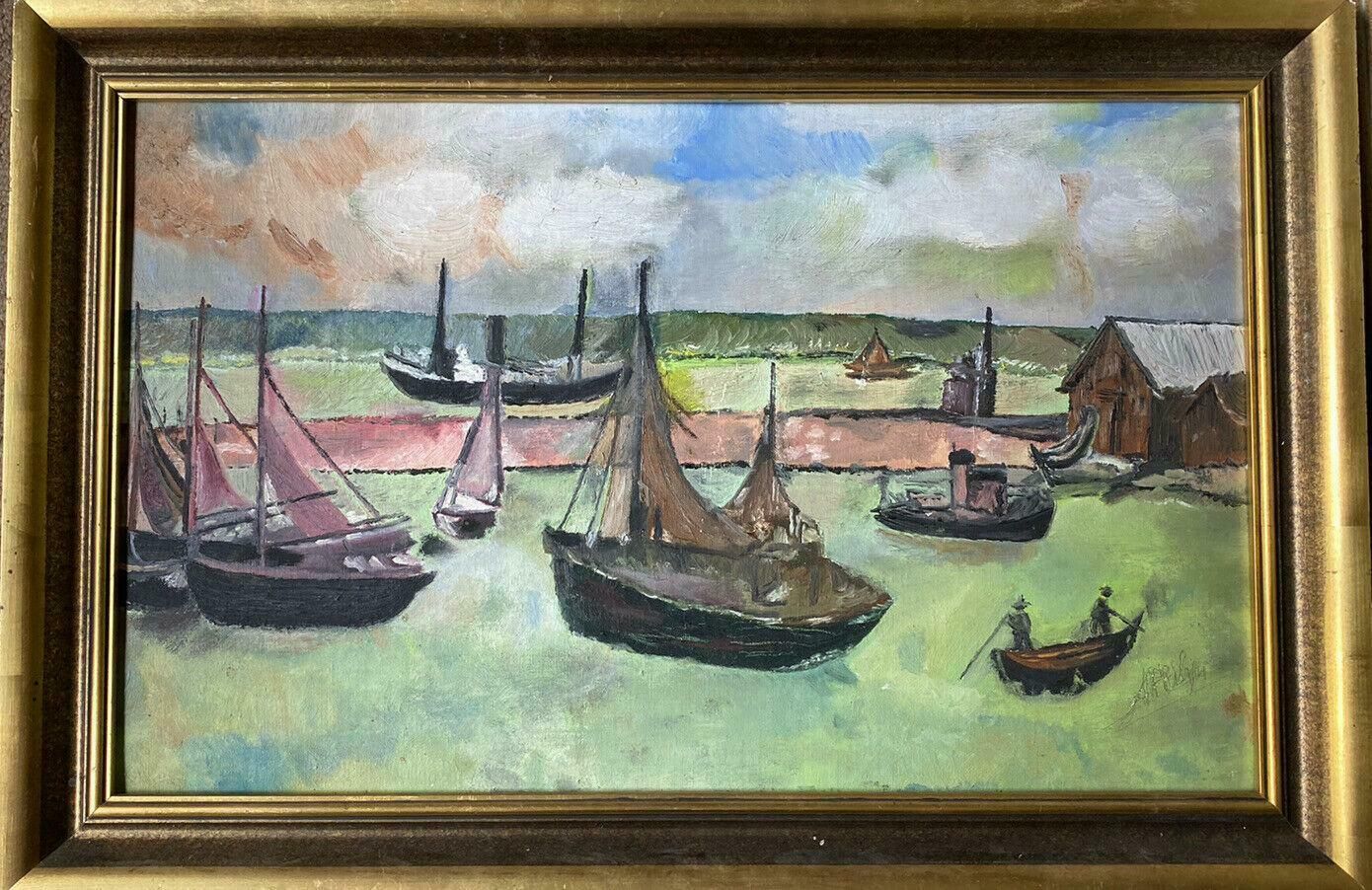 Unknownvintage French 1970's Oil   Fishing Boats In Old Harbour   Blue/Green Colours20th Century photo for sale