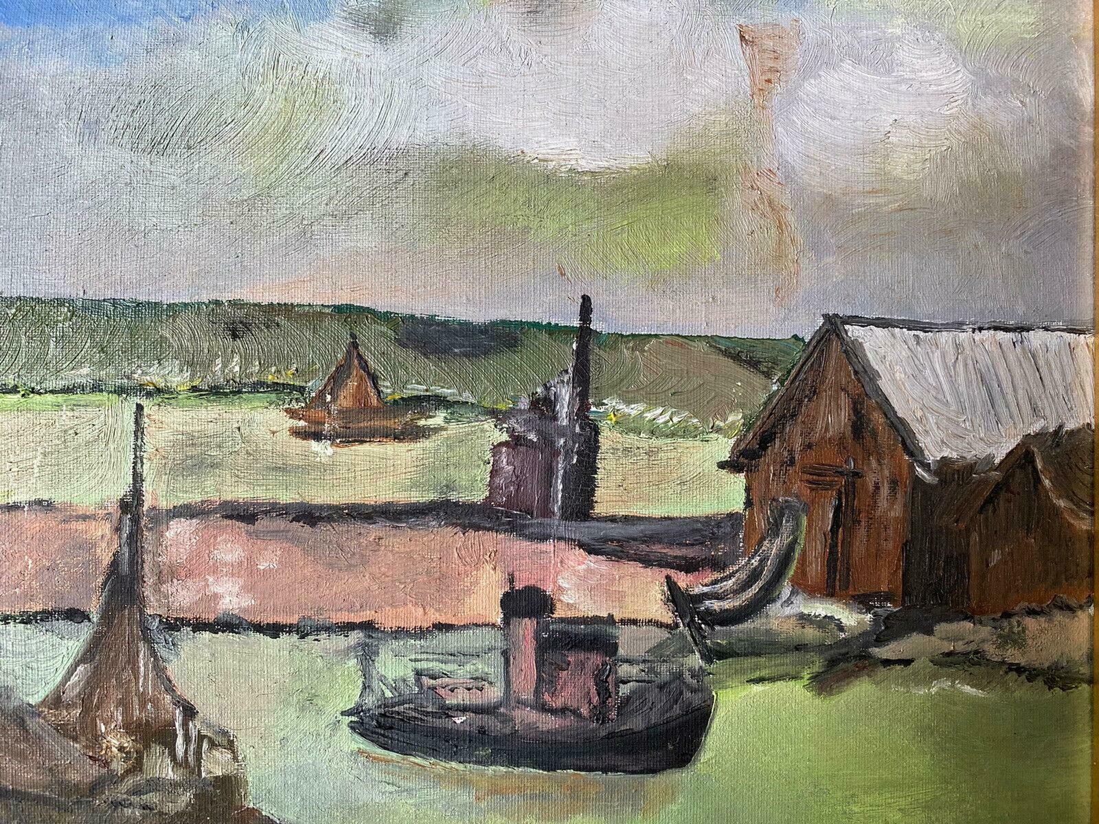 Unknownvintage French 1970's Oil   Fishing Boats In Old Harbour   Blue/Green Colours20th Century photo 914.0