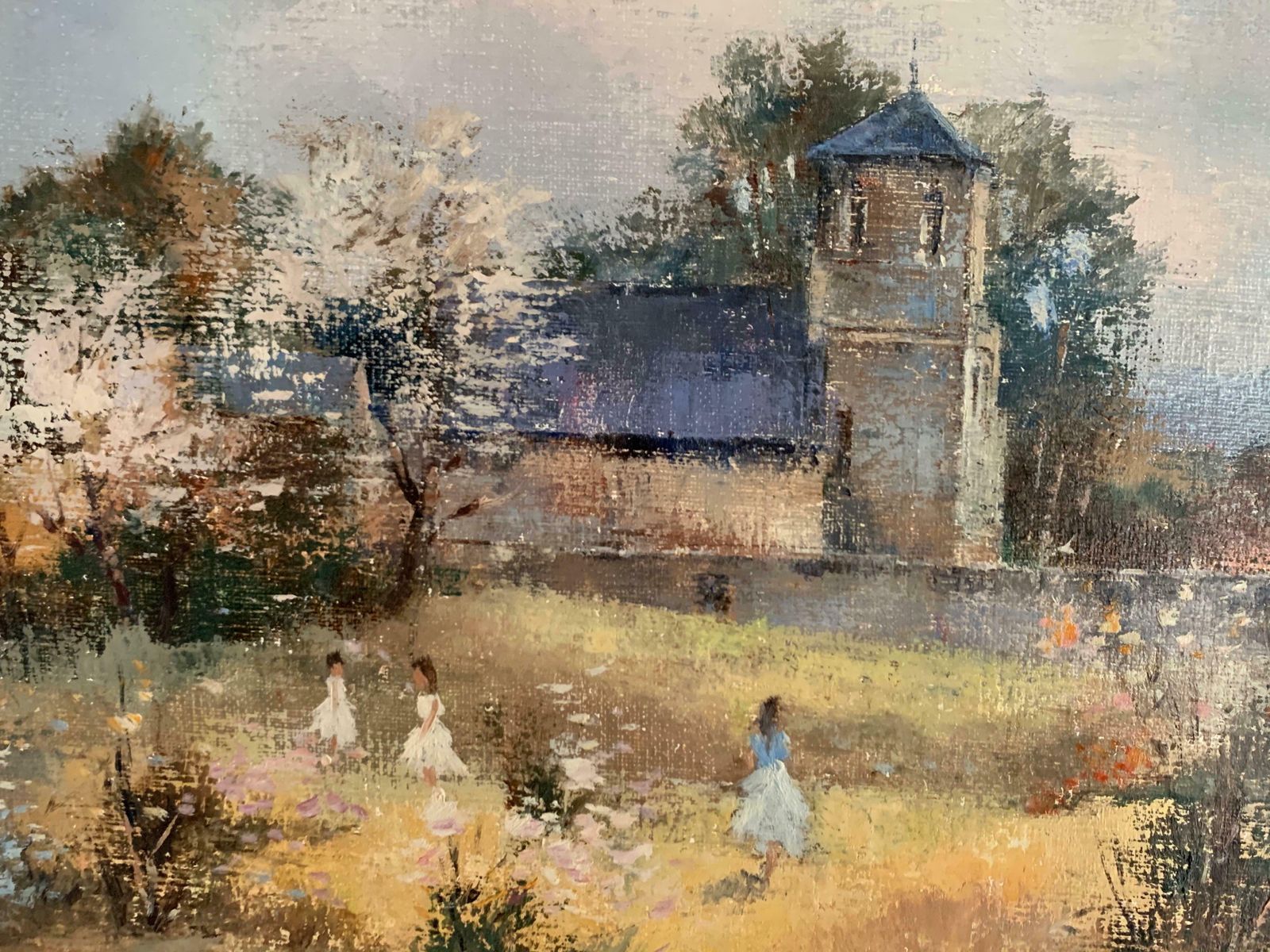 Claude Mourierchildren Playing In Orchards Blossom On Trees Signed French Impressionist Oilc. 1970's photo vintage