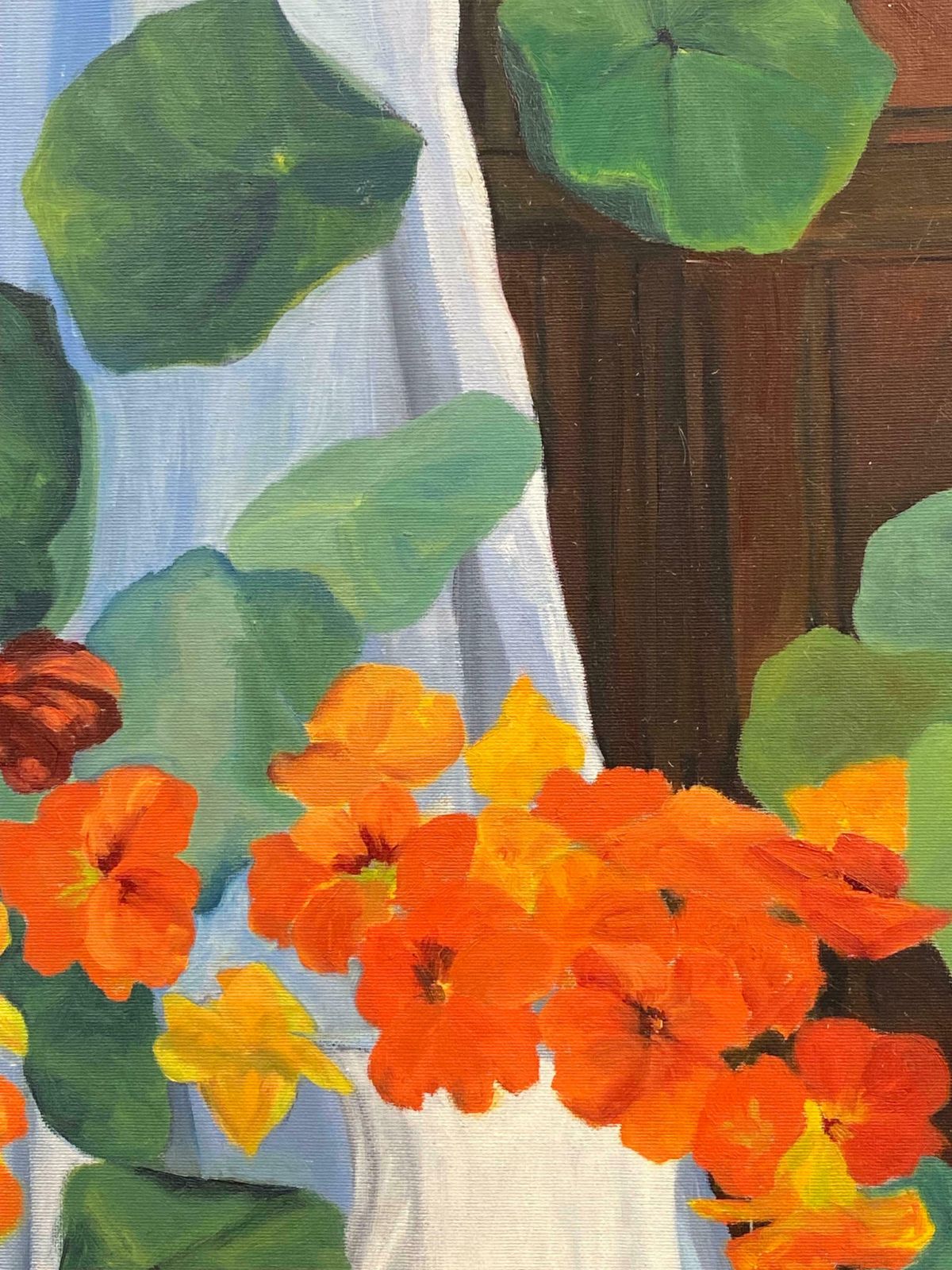 1970's Frenchorange & Green Flowers & Plants Interior Scene French Oil Painting photo furniture