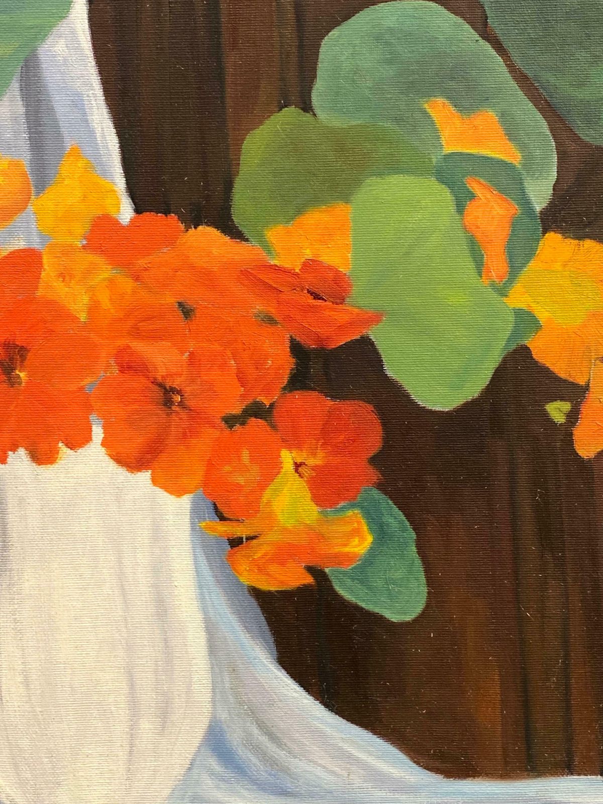 1970's Frenchorange & Green Flowers & Plants Interior Scene French Oil Painting photo Art