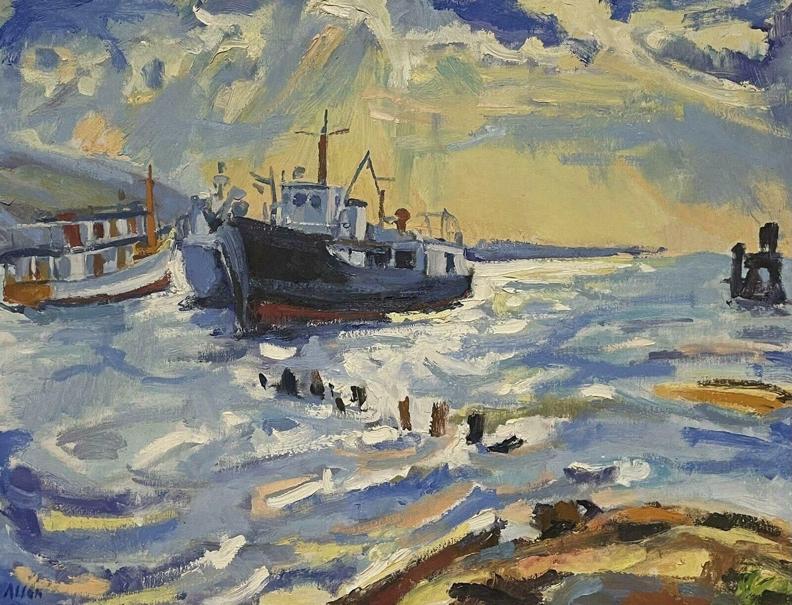 Douglas Stuart Allenlarge Chicago Impressionist Oil Painting Fishing Boats Choppy Seas Harbour20th Century