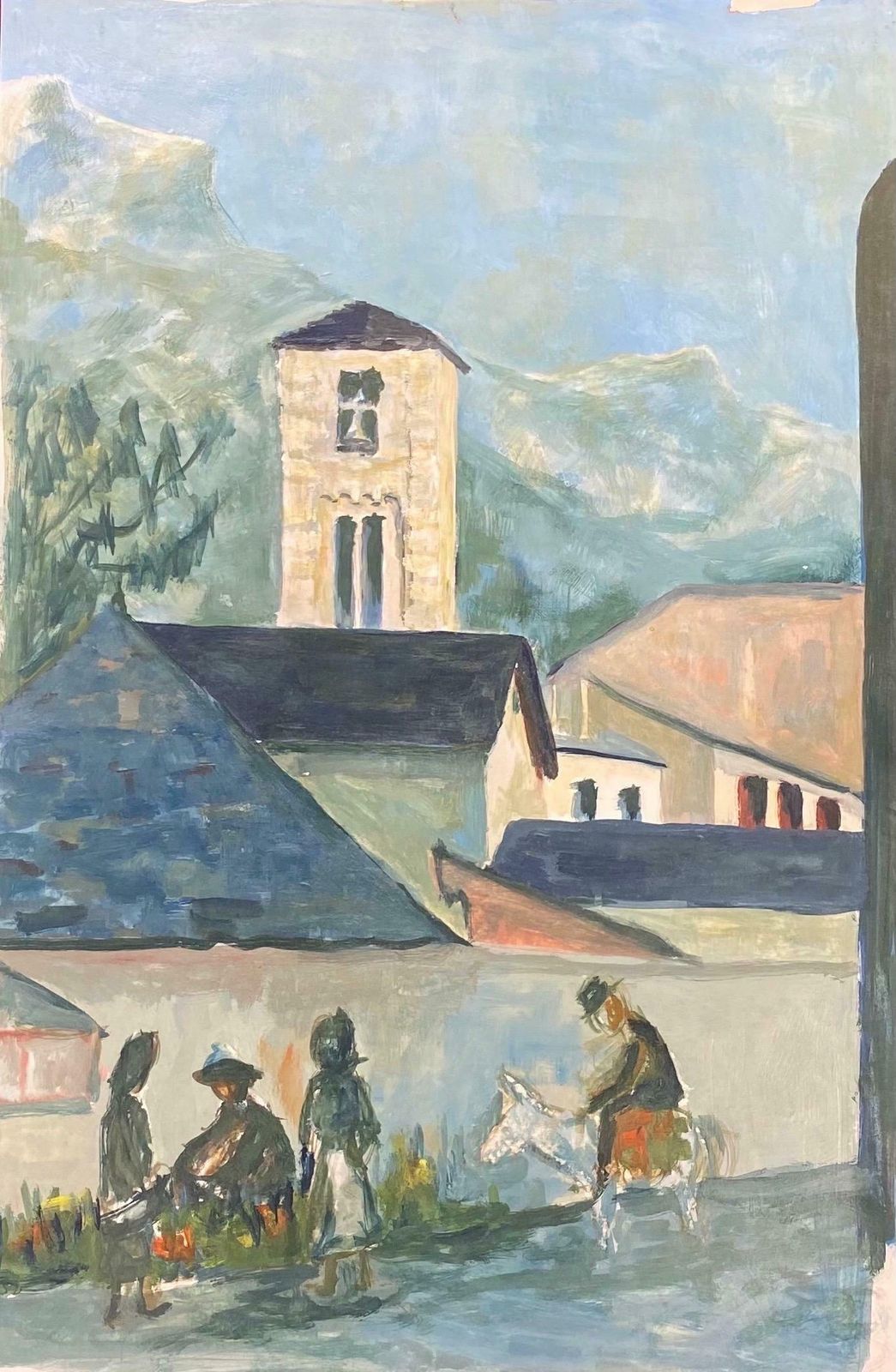 Bernard Labbe1950's Modernist Painting     Bright Blue Town Landscape With Horse And Figures1950's